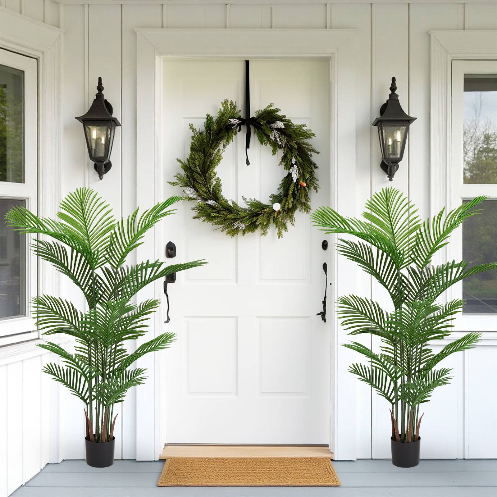 Alt View 1. Glintex - Artificial Areca Palm Plant, 5.2ft Tall Faux Tropical Dypsis Lutescens Tree in Pot for Indoor or Outdoor , 2pcs/set - Green.