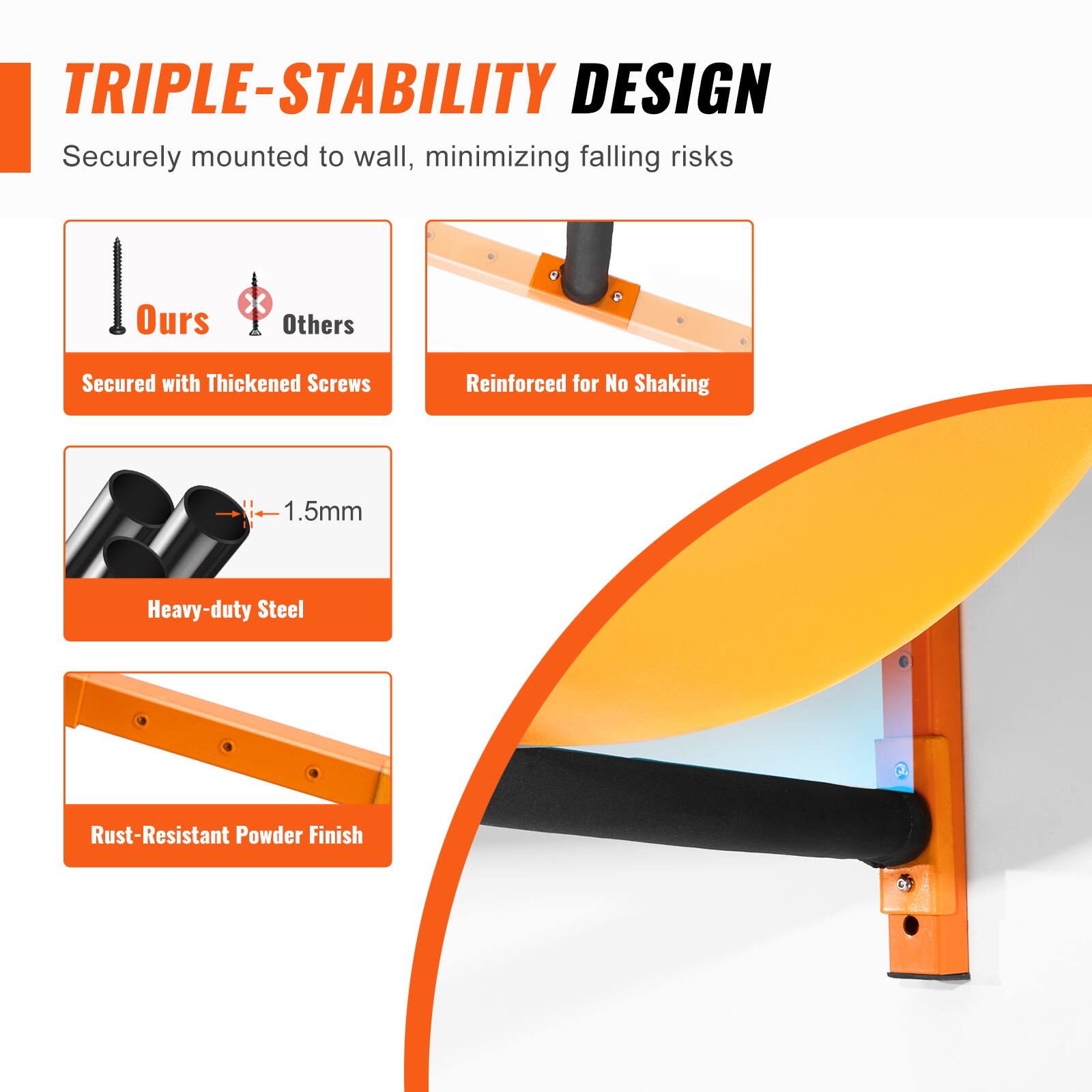 TRIPLE-STABILITY DESIGN  
Securely mounted to wall, minimizing falling risks  

- Ours  
  Secured with Thickened Screws  

- Others  
  Reinforced for No Shaking  

- Heavy-duty Steel  
  1.5mm  

- Rust-Resistant Powder Finish