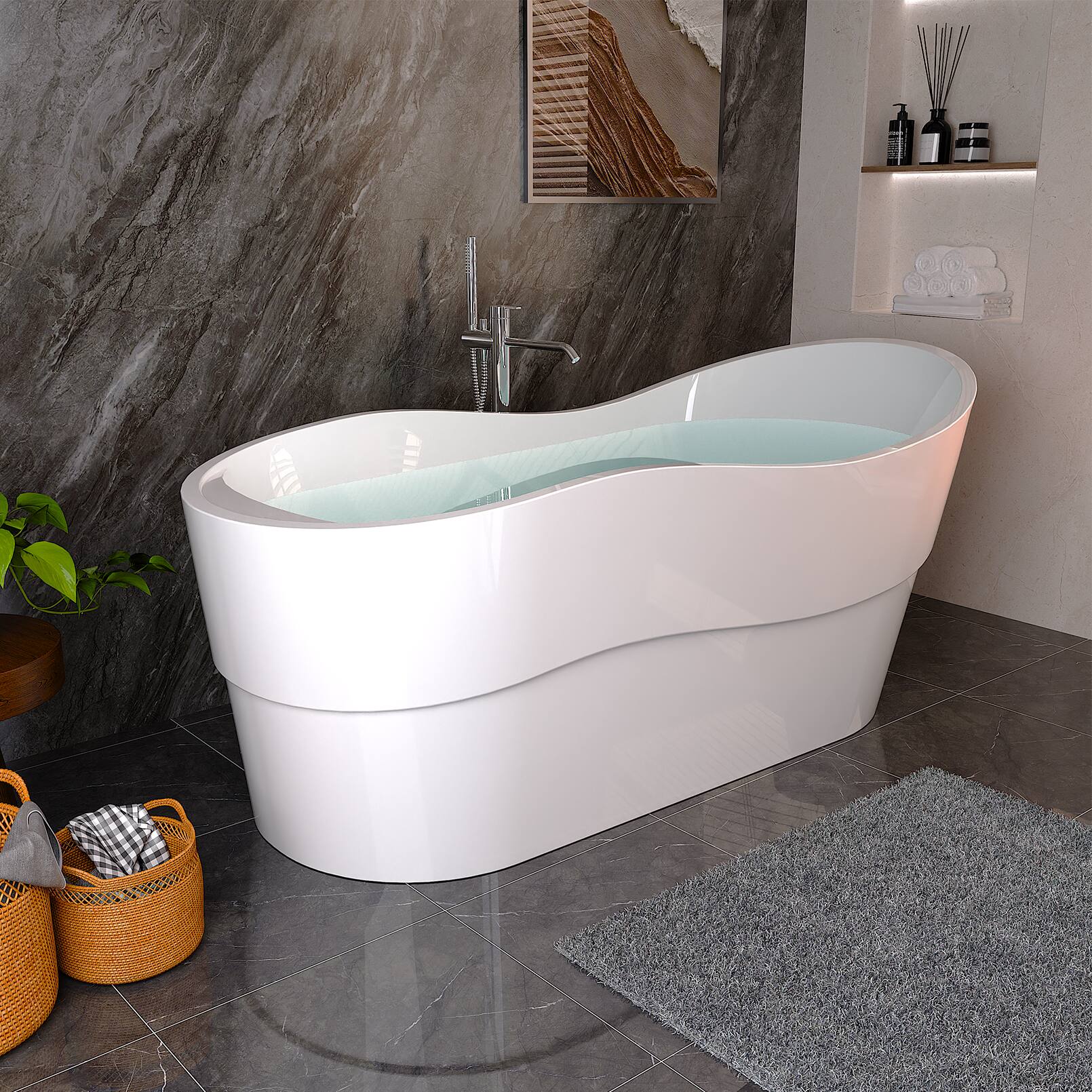 Angle. Empava - 67 in. x 29.5 in. Freestanding Flat Bottom Bath Tub Soaking Bathtub with Left Drain - White.