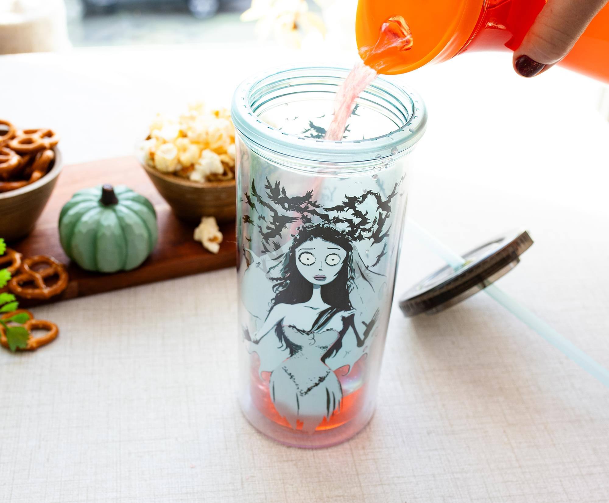 Alt View 4. Silver Buffalo - Tim Burton's Corpse Bride Emily 20-Ounce Carnival Cup With Lid and Straw - Blue.