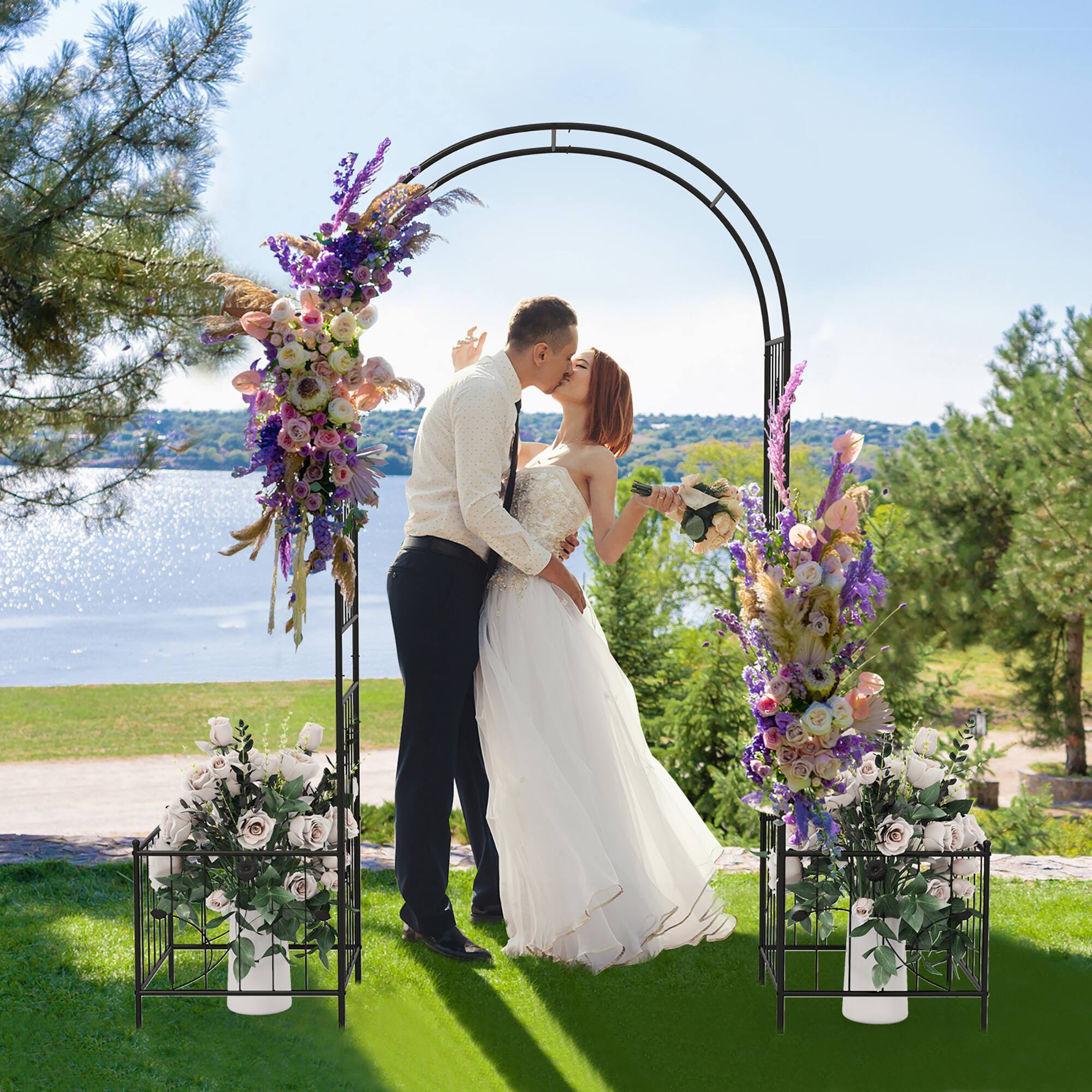 Alt View 4. Gymax - Gymax 86'' Arch Trellis for Climbing Plants w/ Planter Boxes Roses Vines for Wedding - Black.