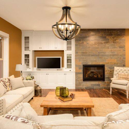 Back. LUCKY ONE - 19in Farmhouse 5-Light Wood Chandelier, Height Adjustable Dining Room Pendant for Kitchen Island - Wood.