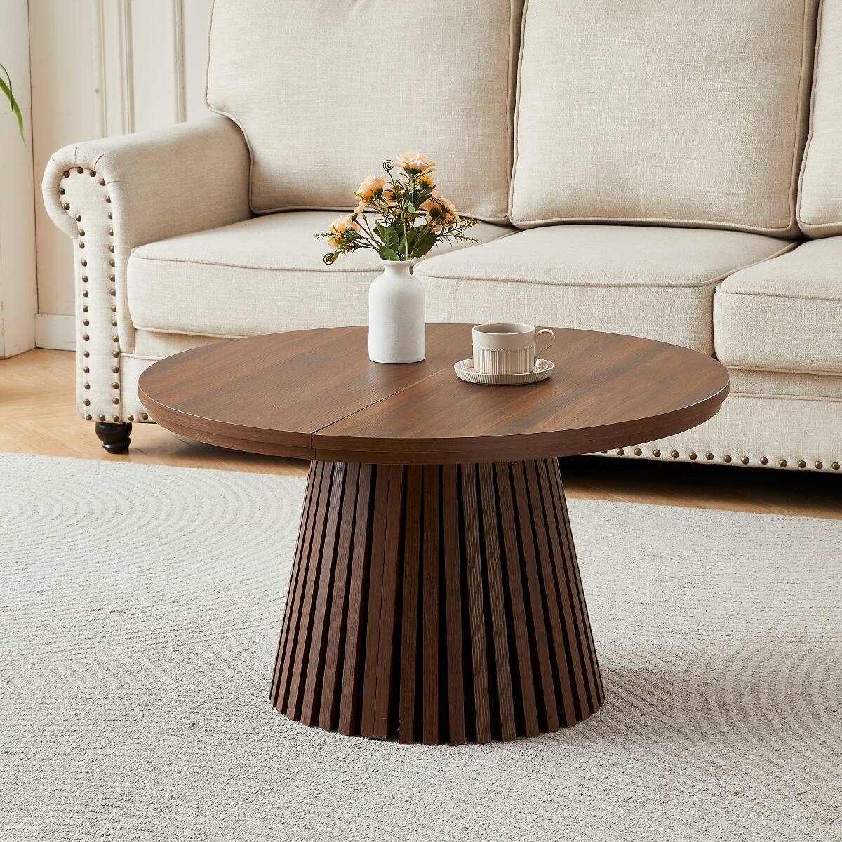 Alt View 3. Loheer - Loheer Walnut-Colored Oval Coffee Table, Extendable Wooden Table for Dining or Living Room - Walnut.