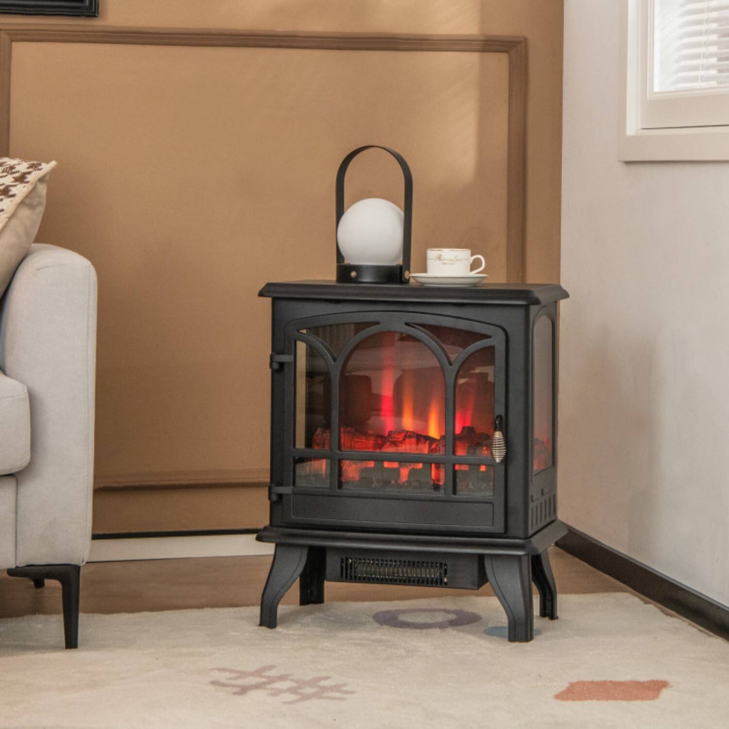 Angle. LUCKY ONE - 19.7 Inch Freestanding Electric Fireplace with 3-Sided Panoramic Flame - Black.
