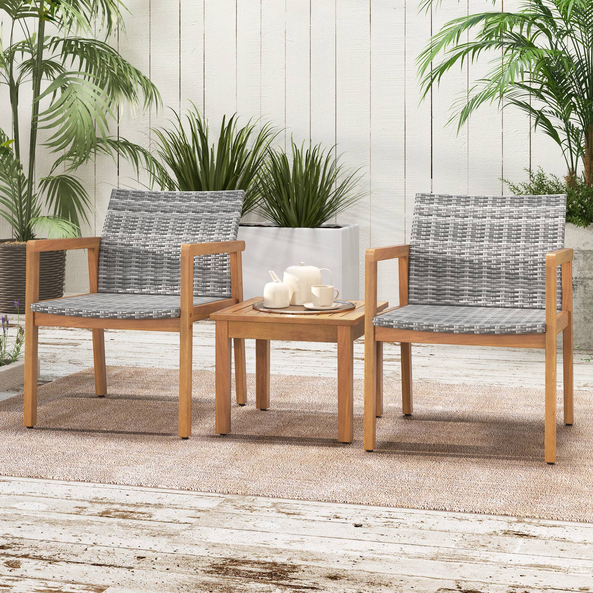 Alt View 3. Costway - Costway 3 PCS Outdoor Furniture Set, Acacia Wood Frame Sofa Set with Rattan Seat - Gray.