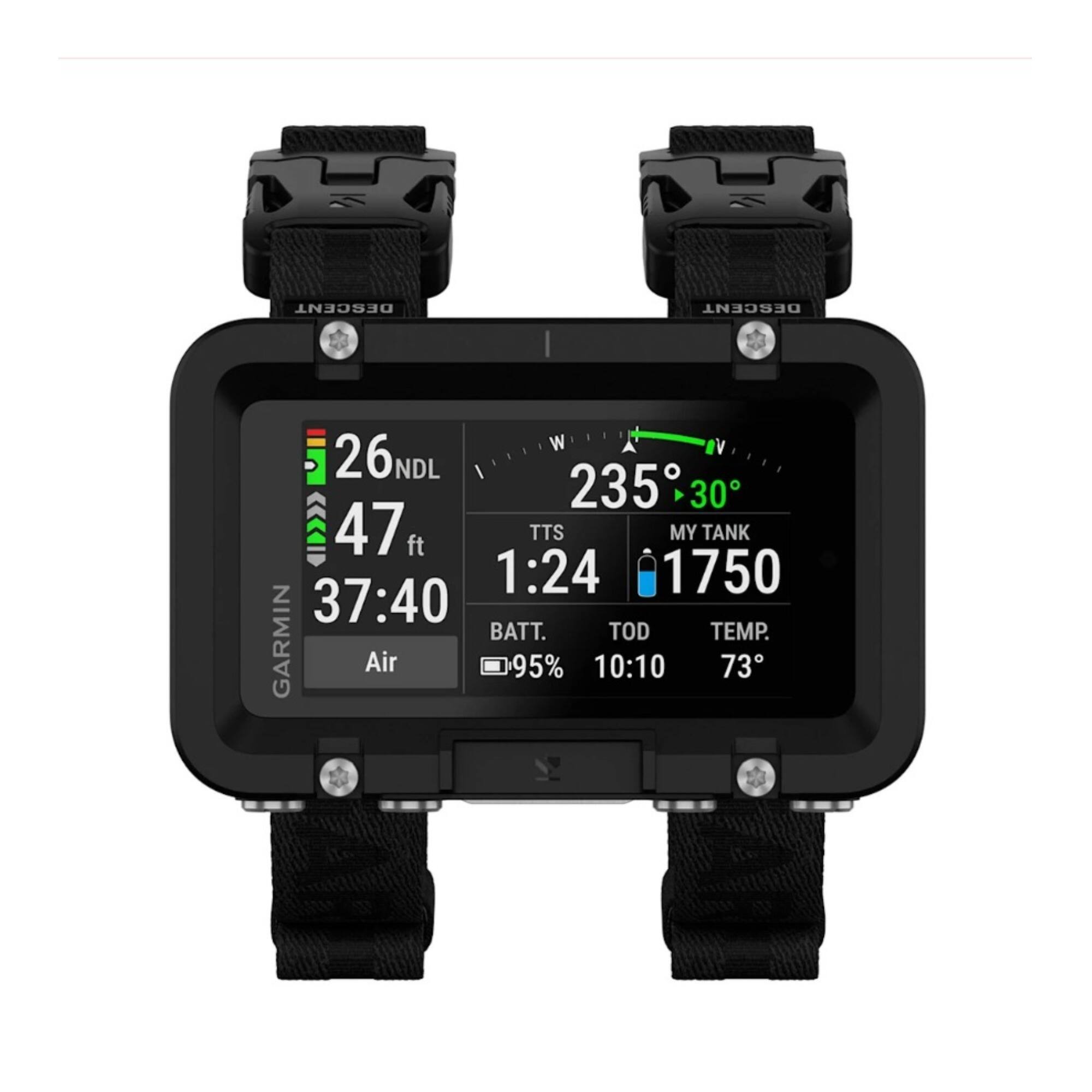 DESCENT DESCENT W 5 26NDL NDL 235 30 <<<D 47 ft TTS MY TANK 1:24 1750 37:40 BATT. TOD TEMP. GARMIN Air 95% 10:10 73