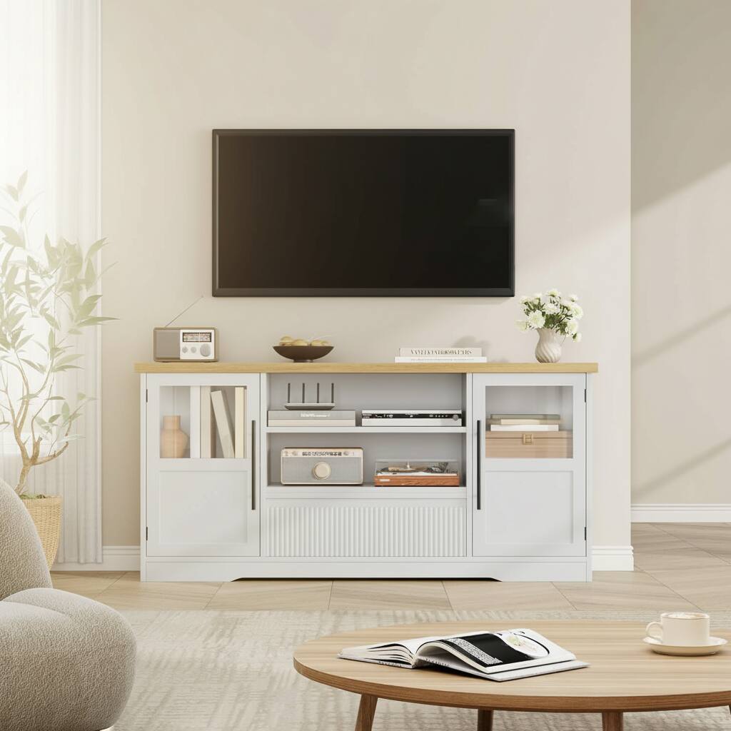 Front. GARVEE - 63 Inch Wooden Entertainment Center, up to 72" - White and Brown.