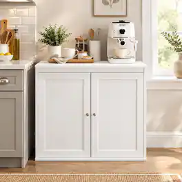 RYHNUYNE - Freestanding Kitchen Storage Cabinet with Double Doors and Adjustable Shelves, Coffee Bar Sideboard - White