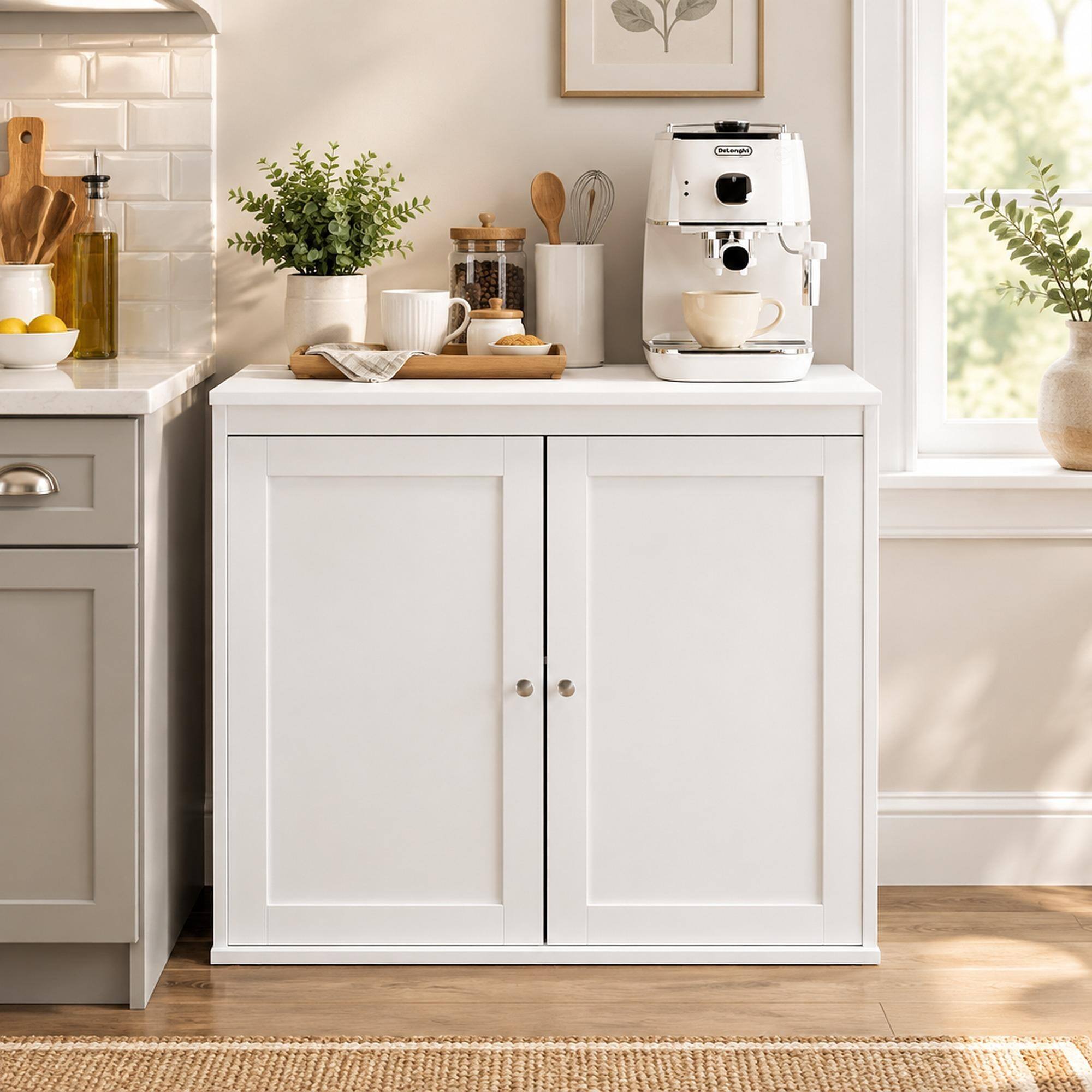 Front. RYHNUYNE - Freestanding Kitchen Storage Cabinet with Double Doors and Adjustable Shelves, Coffee Bar Sideboard, White - White.