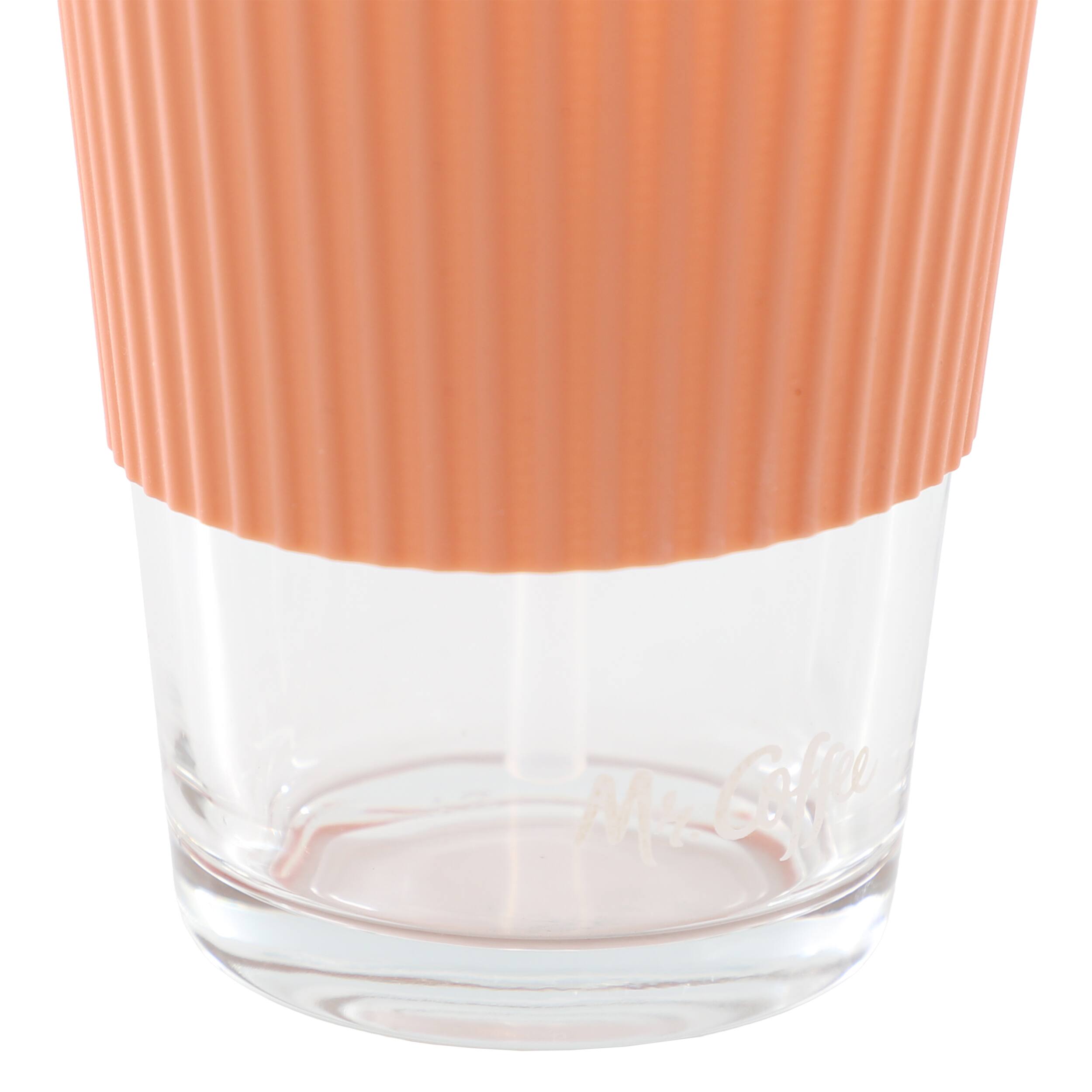 Alt View 4. Mr. Coffee - Mr. Coffee Sip Savvy 4 Piece 15 Ounce Silicone Sleeve Glass Cup Set w/ Lid and Straw in Pink - Peach.