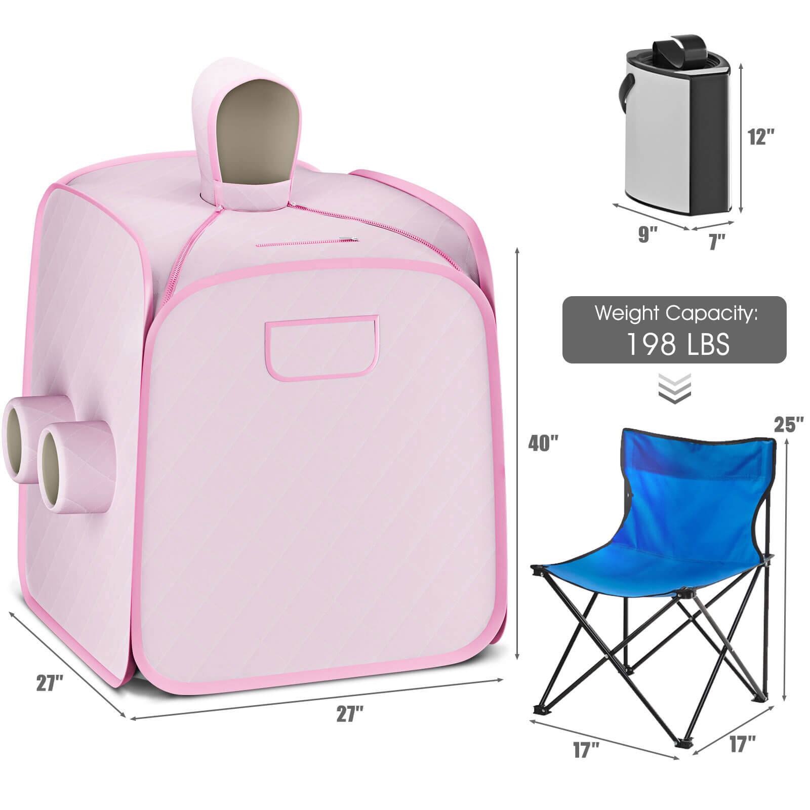The image shows a pink and blue item with a weight capacity of 198 lbs. It is accompanied by a blue chair and a black trash can. The dimensions of the pink and blue item are 12" x 9" x 7", while the blue chair measures 40" x 25" x 27". The black trash can is 17" x 17" x 17".
