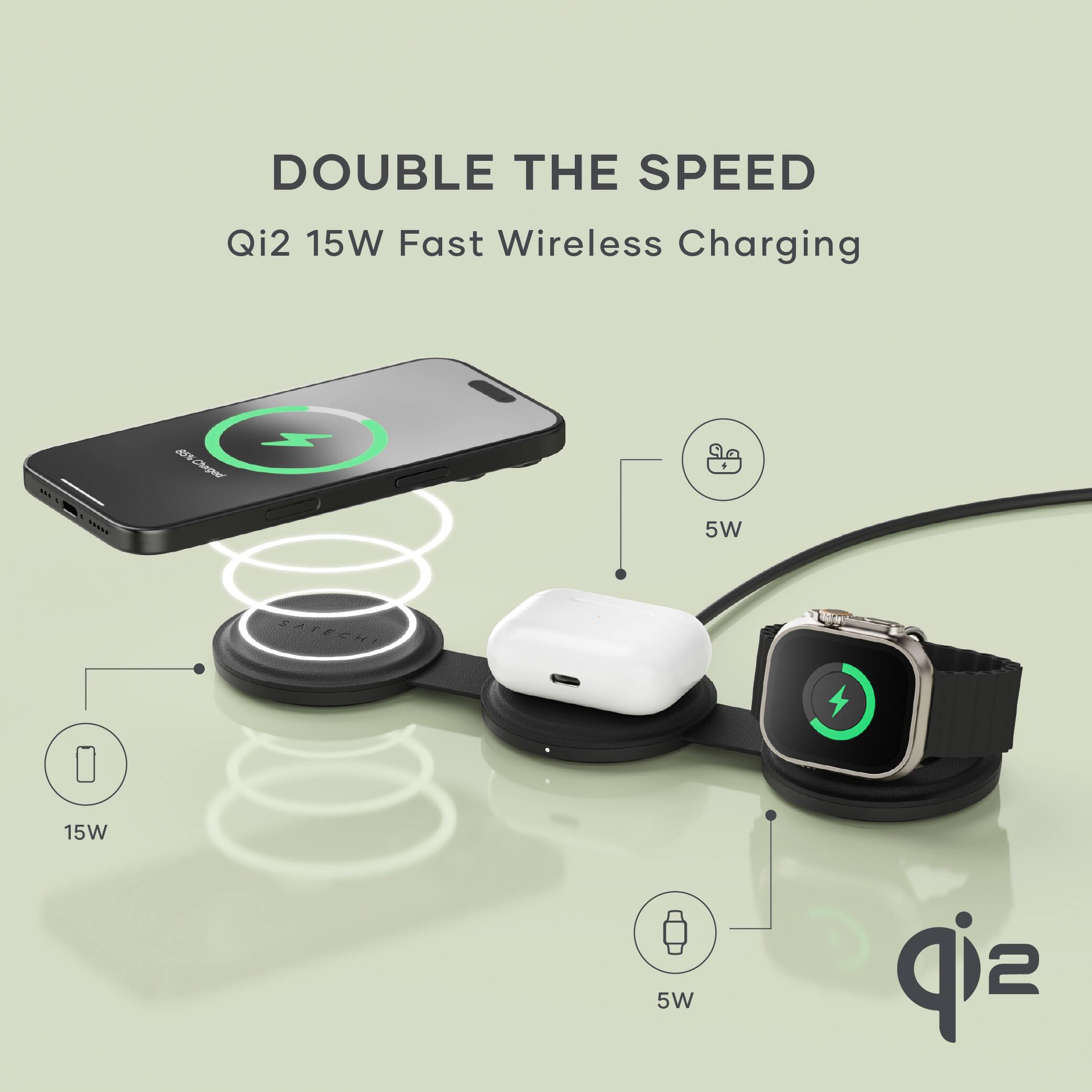 DOUBLE THE SPEED  
Qi2 15W Fast Wireless Charging  

15W  
5W  
5W