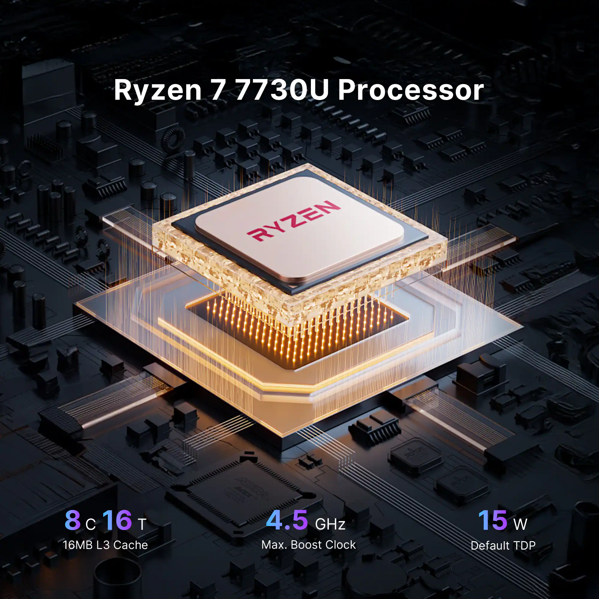 Ryzen 7 7730U Processor

RYZEN

8 C 16 T
16MB L3 Cache
4.5 GHz Max. Boost Clock
15 W Default TDP