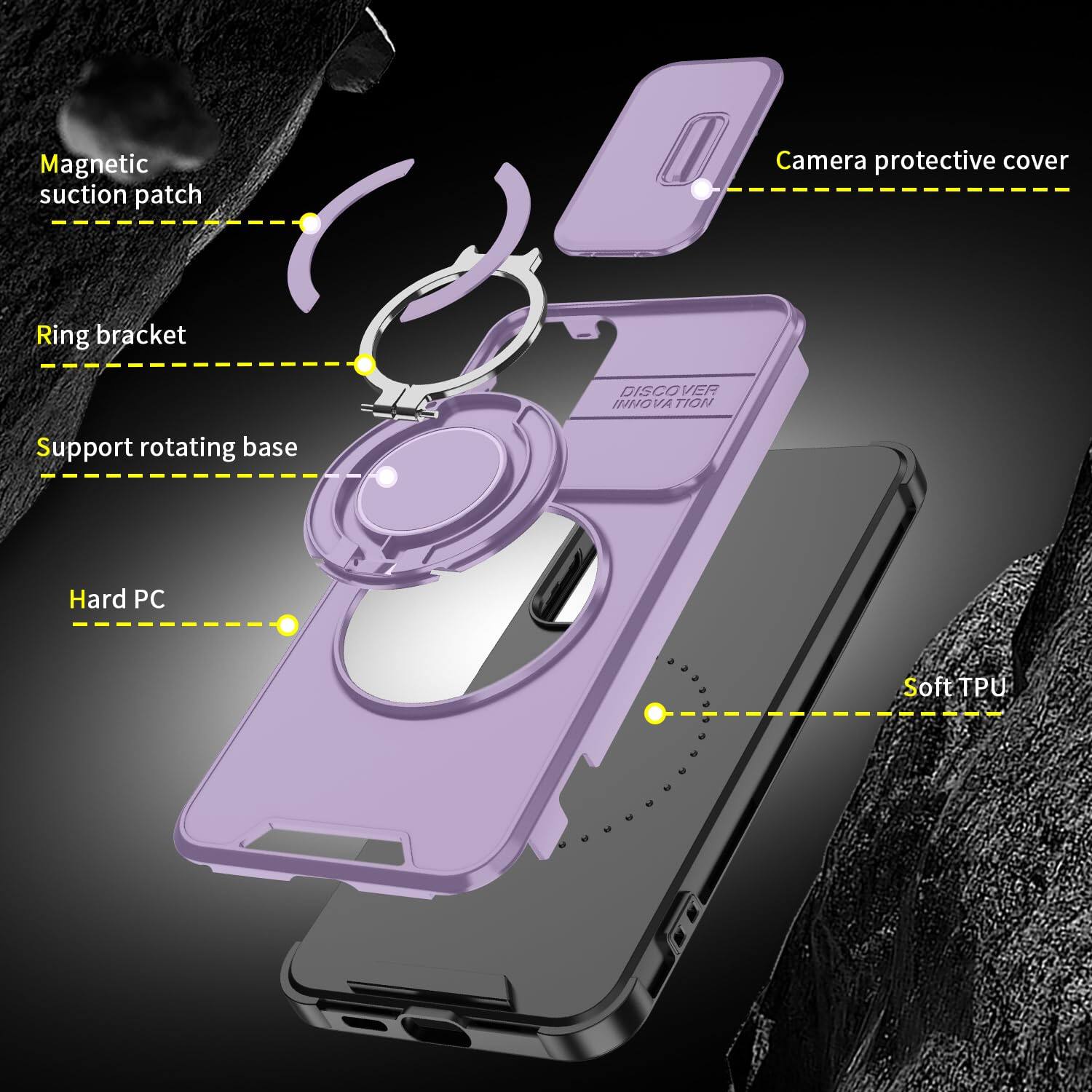 Magnetic suction patch  
Camera protective cover  
Ring bracket  
Support rotating base  
Hard PC  
Soft TPU