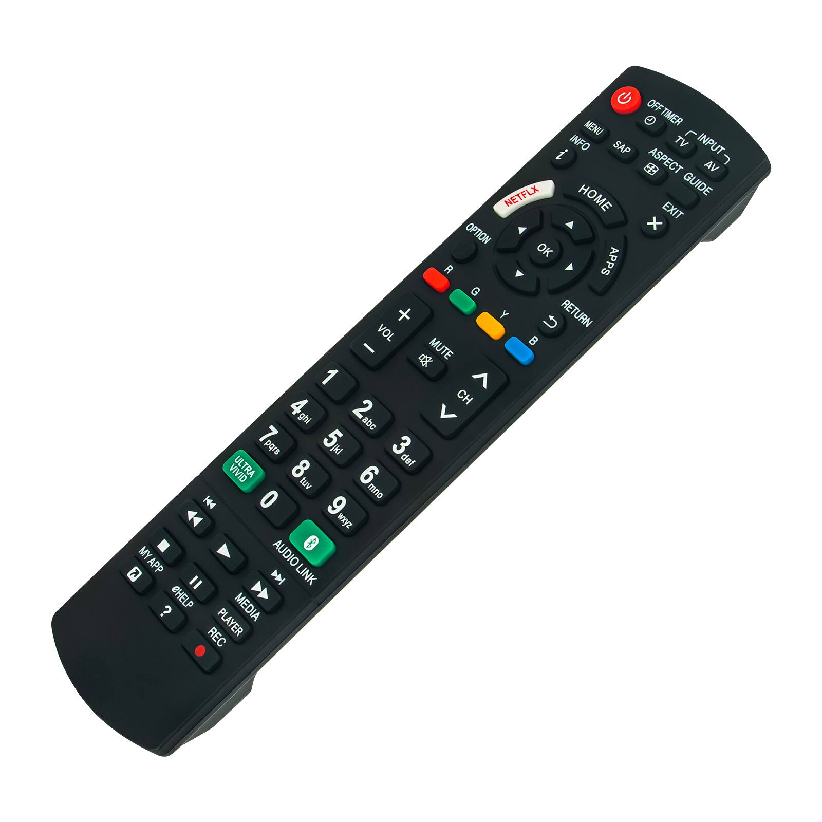 Sure, here is the corrected and grouped text from the image:

**Top Row:**
- OFF TIMER
- MENU
- INFO
- SAP
- TV
- INPUT
- ASPECT
- GUIDE

**Middle Row:**
- NETFLIX
- HOME
- EXIT
- OPTION
- OK
- RETURN
- VOL
- MUTE
- CH

**Number Pad:**
- 1
- 2 abc
- 3 def
- 4 ghi
- 5 jkl
- 6 mno
- 7 pqrs
- 8 tuv
- 9 wxyz
- 0
- 00

**Bottom Row:**
- ULTRA VIVID
- AUDIO LINK
- MYAPP
- HELP
- MEDIA PLAYER
- REC

**Additional Buttons:**
- R
- G
- Y
- B
- U
- I
- O
- ZAEM
- D
- MYAPP
- AUDIOLINK
- MEDIA
- REC
- PLAYER