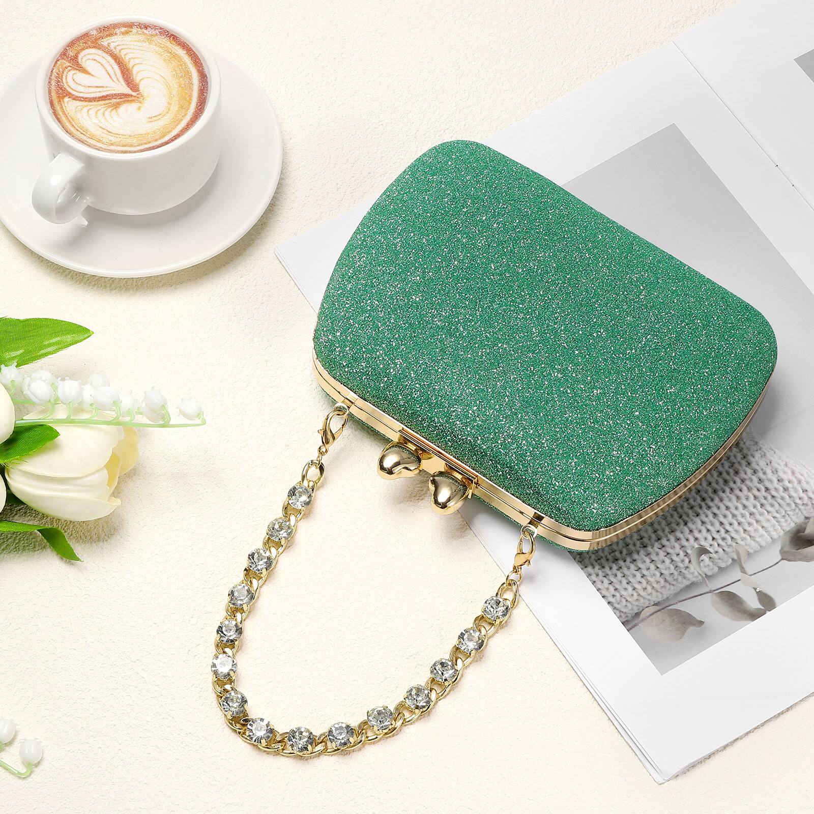 Alt View 5. Unique Bargains - Sparkly Evening Clutch Purse for Women, Vintage Heart Shape Buckle Clasp Handbag for Bridal Wedding 1920s Party - Green.