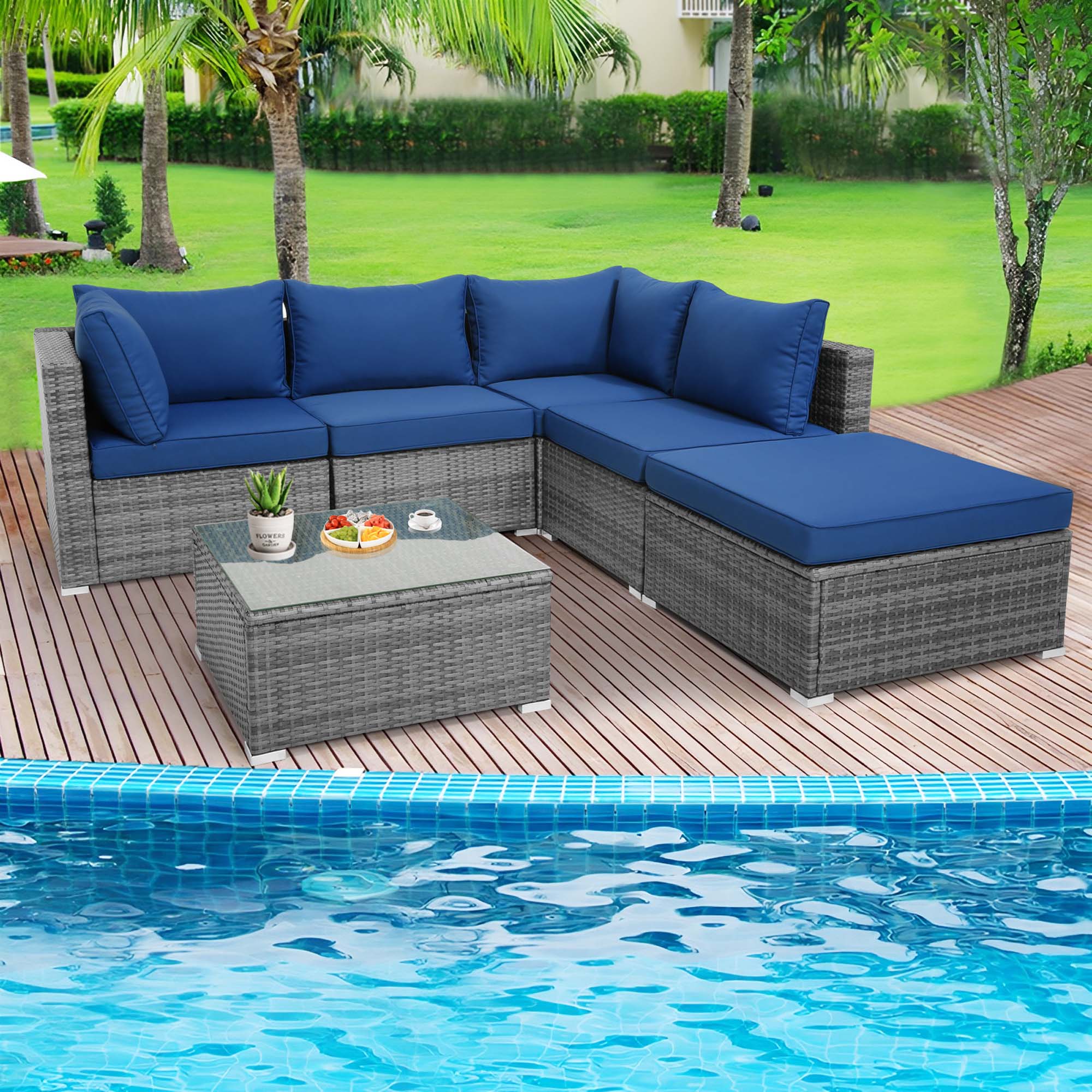 Alt View 2. Costway - Costway 6PCS Patio Wicker Furniture Set Cushioned Sectional Sofa Coffee Table Deck - Navy.