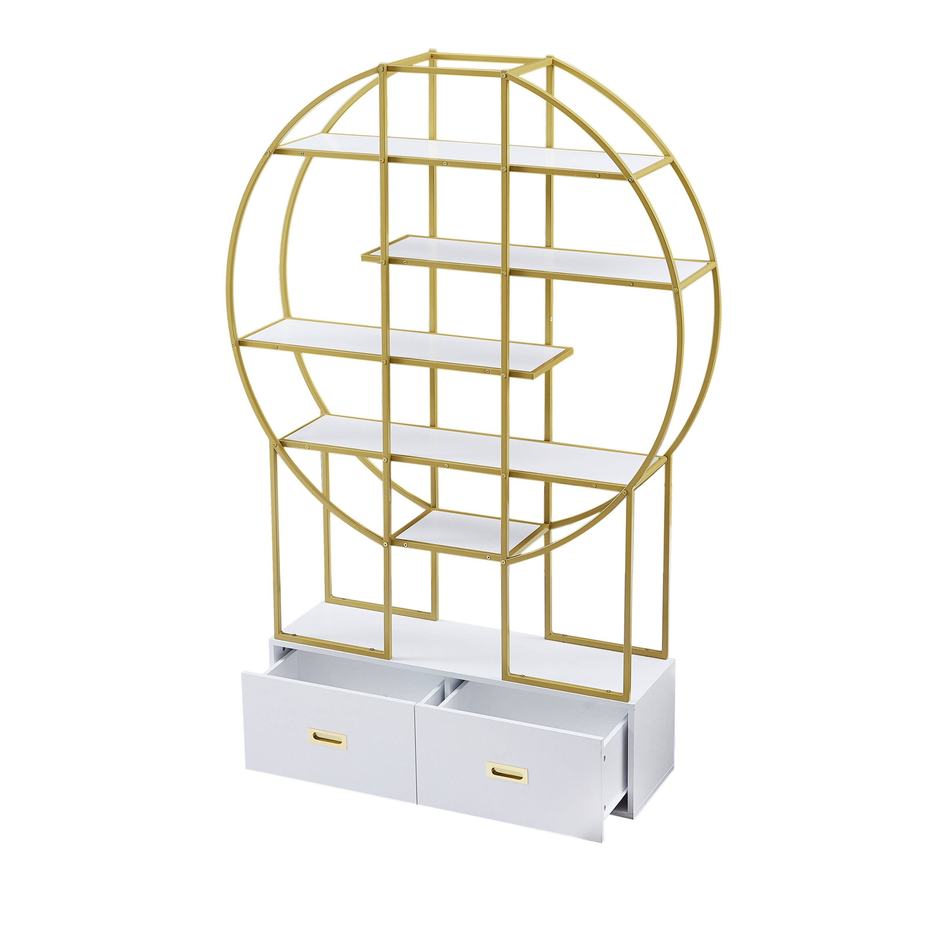 Alt View 10. Tiramisubest - 70.8 Inch 5 Tiers Round Bookcase Bookshelf, Display Shelf, Two Drawers, Gold Frame - Golden+White.