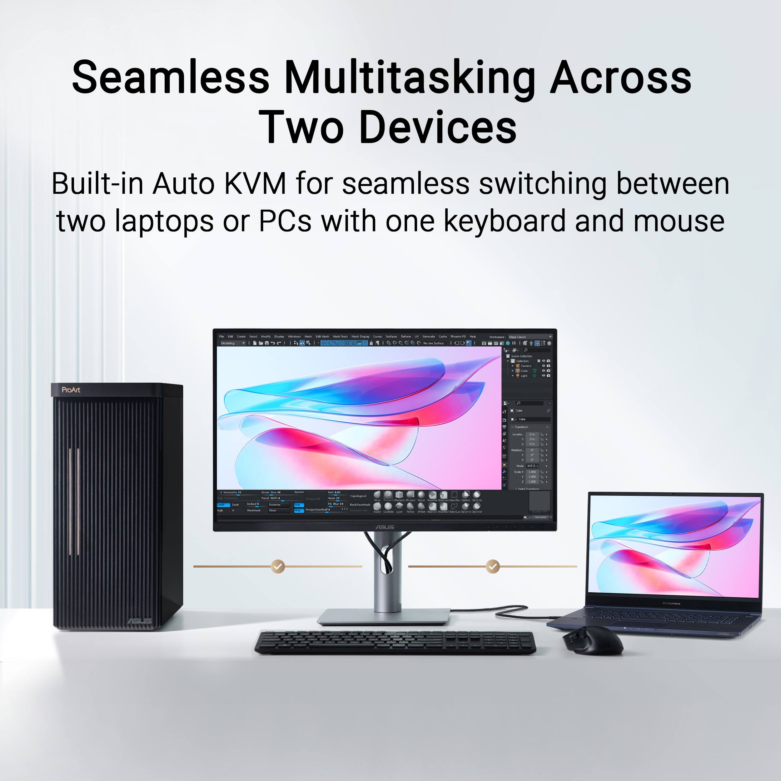 Seamless Multitasking Across Two Devices Built-in Auto KVM for seamless switching between two laptops or PCs with one keyboard and mouse.