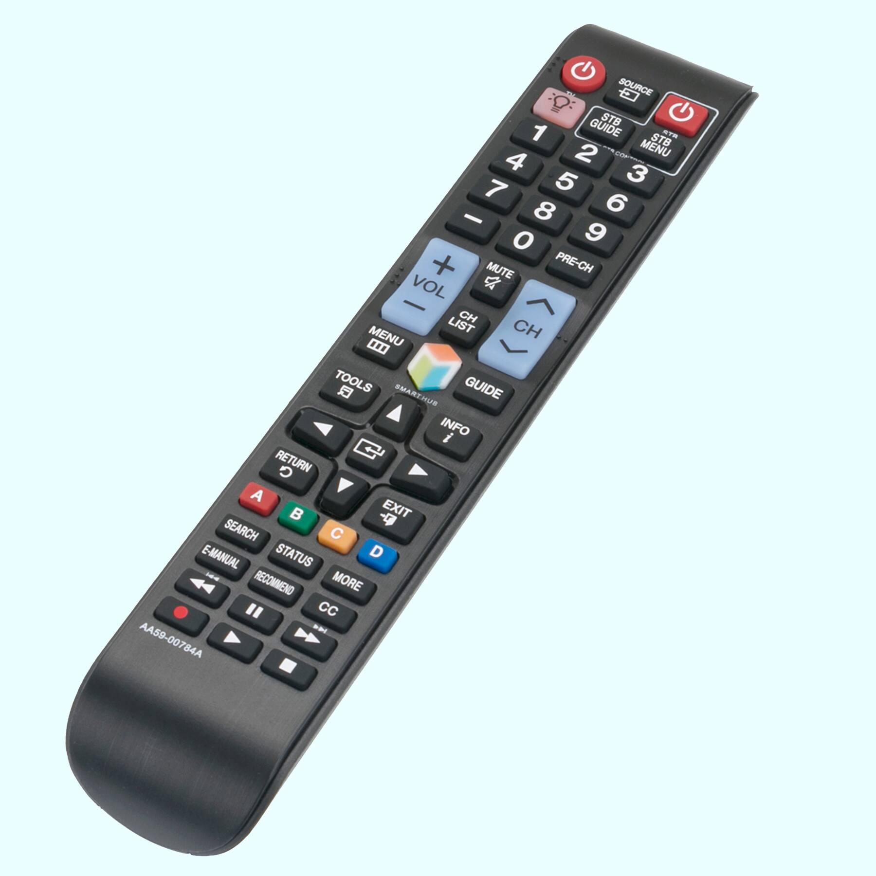 SOURCE GUIDE STB 1 STB 5T - aT 2 MENU 4 3 7 5 8 6 - o 9 + MUTE PRE-CH VOL  CH LIST CH  MENU TOOLS  GUIDE SMARTHUB INFO i RETURN O A  EXIT SEARCH  E-MANUAL STATUS D RECOMMEND MORE Cc iad AA59-00784A