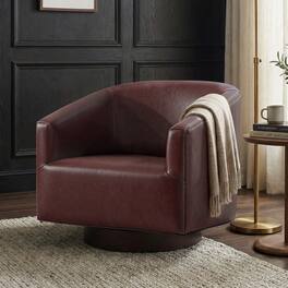 Brick Attic - 27.6"Wide Padded Swivel Accent Chair with Solid Wood Base, Faux Leather Upholstery, Wraparound Backrest,Barrel Chair - REDDISHBROWN