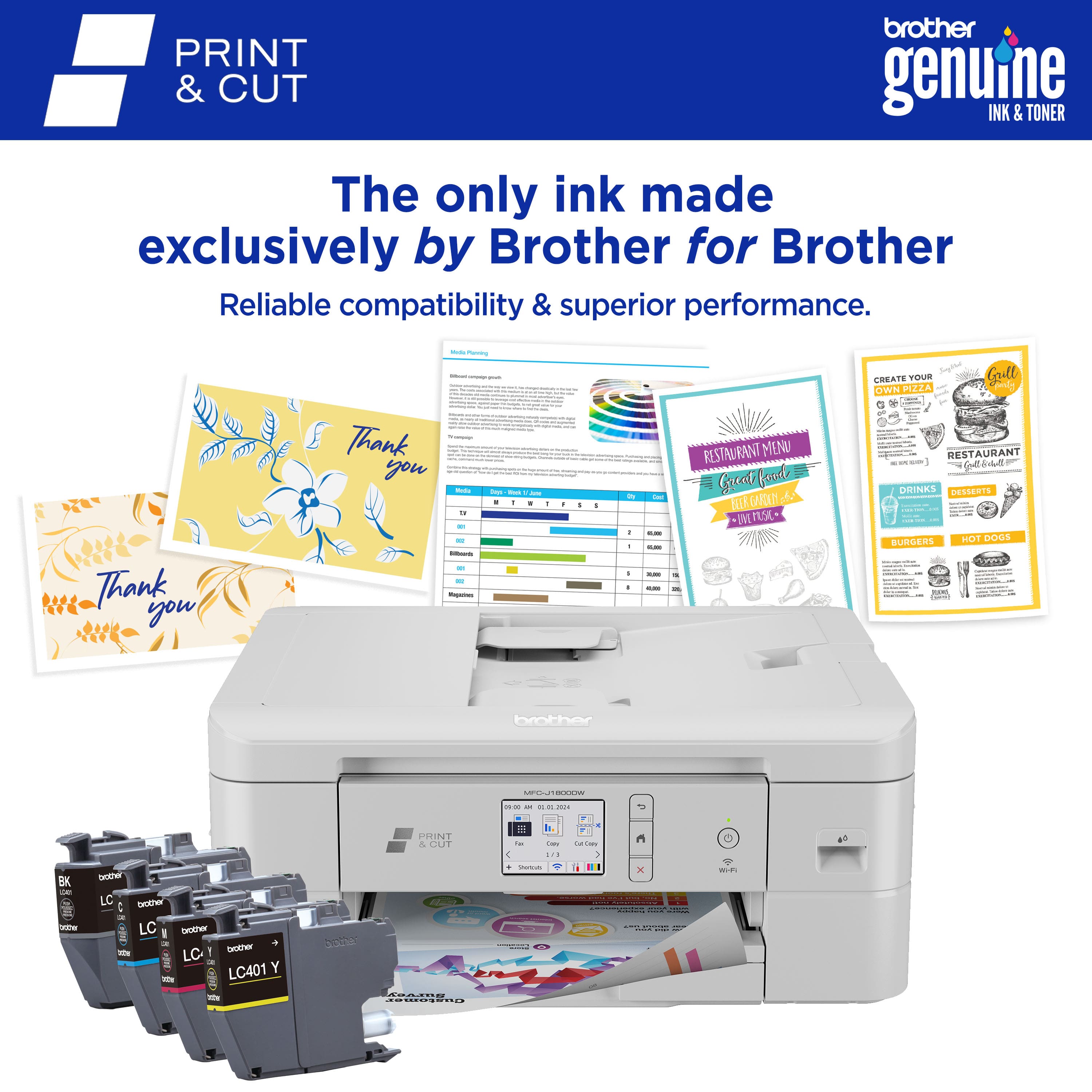 The image features a Brother printer and a stack of ink cartridges, advertising the printer's compatibility and superior performance. The text on the image reads, "The only ink made exclusively by Brother for Brother. Reliable compatibility & superior performance. Thank you." The image also showcases a restaurant menu, a thank you card, and a coloring book, demonstrating the versatility of the printer.