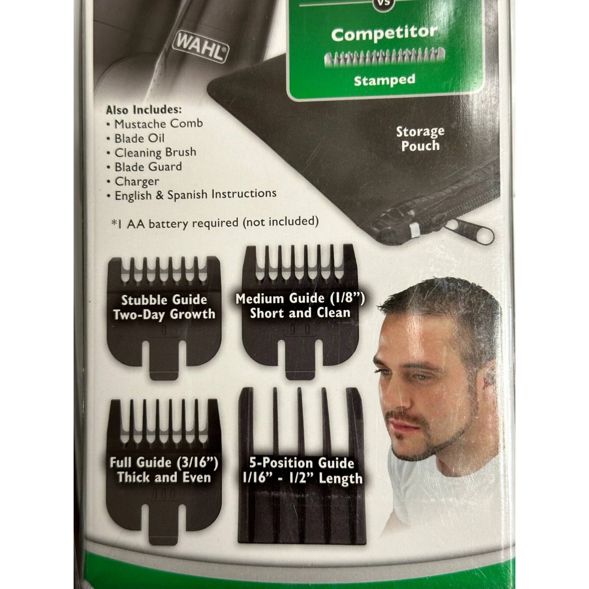 VS WAHL Competitor Stamped  
Also Includes:  
- Mustache Comb  
- Blade Oil  
- Cleaning Brush  
- Blade Guard  
- Charger  
- English & Spanish Instructions  
*1 AA battery required (not included)  
Storage Pouch  

Stubble Guide (1/8") Two-Day Growth  
Medium Guide (1/8") Short and Clean  
Full Guide (3/16") Thick and Even  
5-Position Guide 1/16" - 1/2" Length