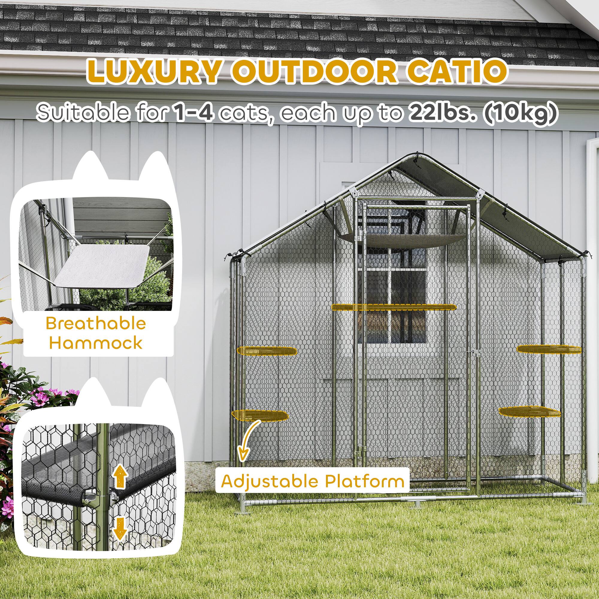 LUXURY OUTDOOR CATIO  
Suitable for 1-4 cats, each up to 22lbs. (10kg)  

- Breathable Hammock  
- Adjustable Platform