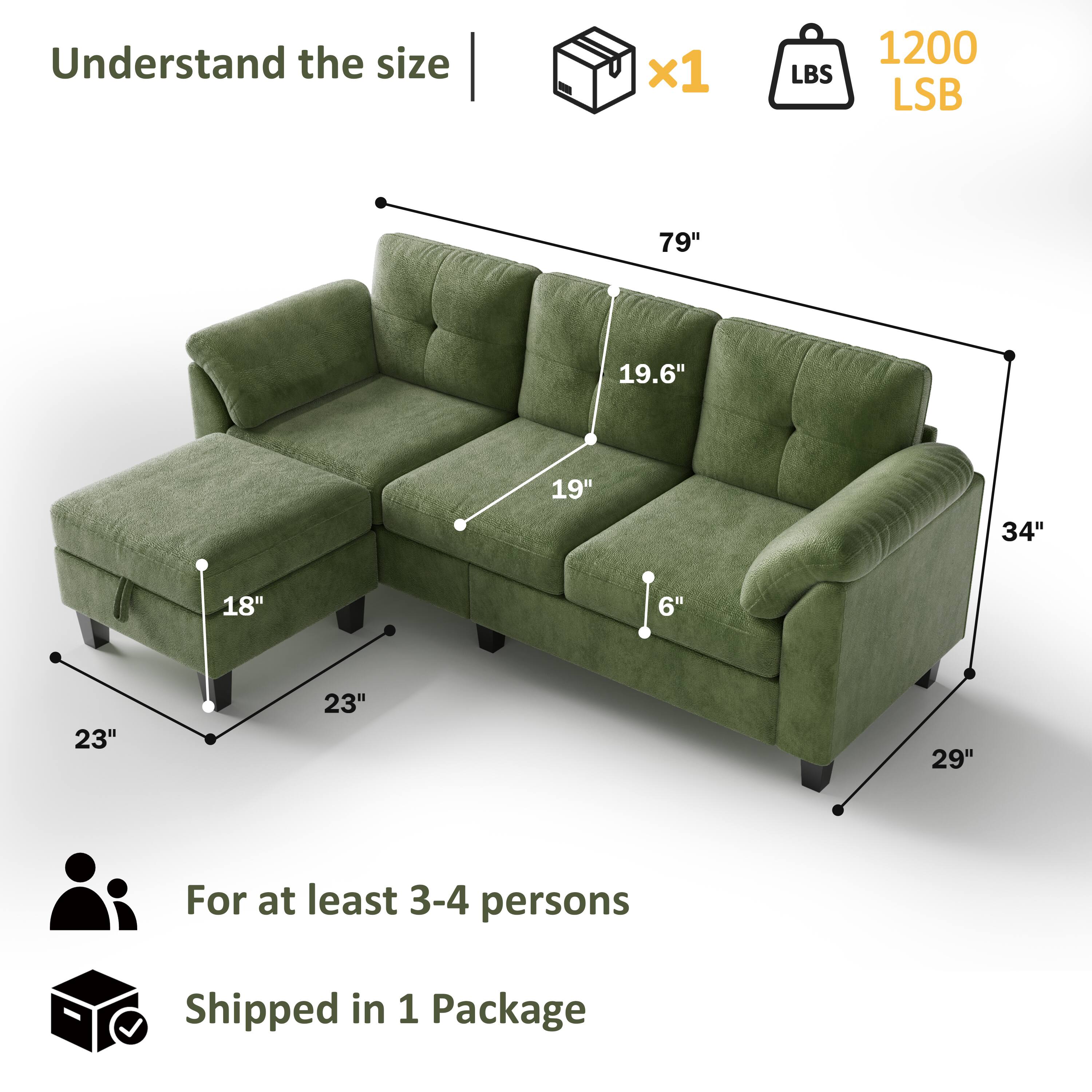 Understand the size  
x1  
1200 LSB  

79"  
19.6"  
19"  
34"  
18"  
6"  
23"  
23"  
29"  

For at least 3-4 persons  
Shipped in 1 Package