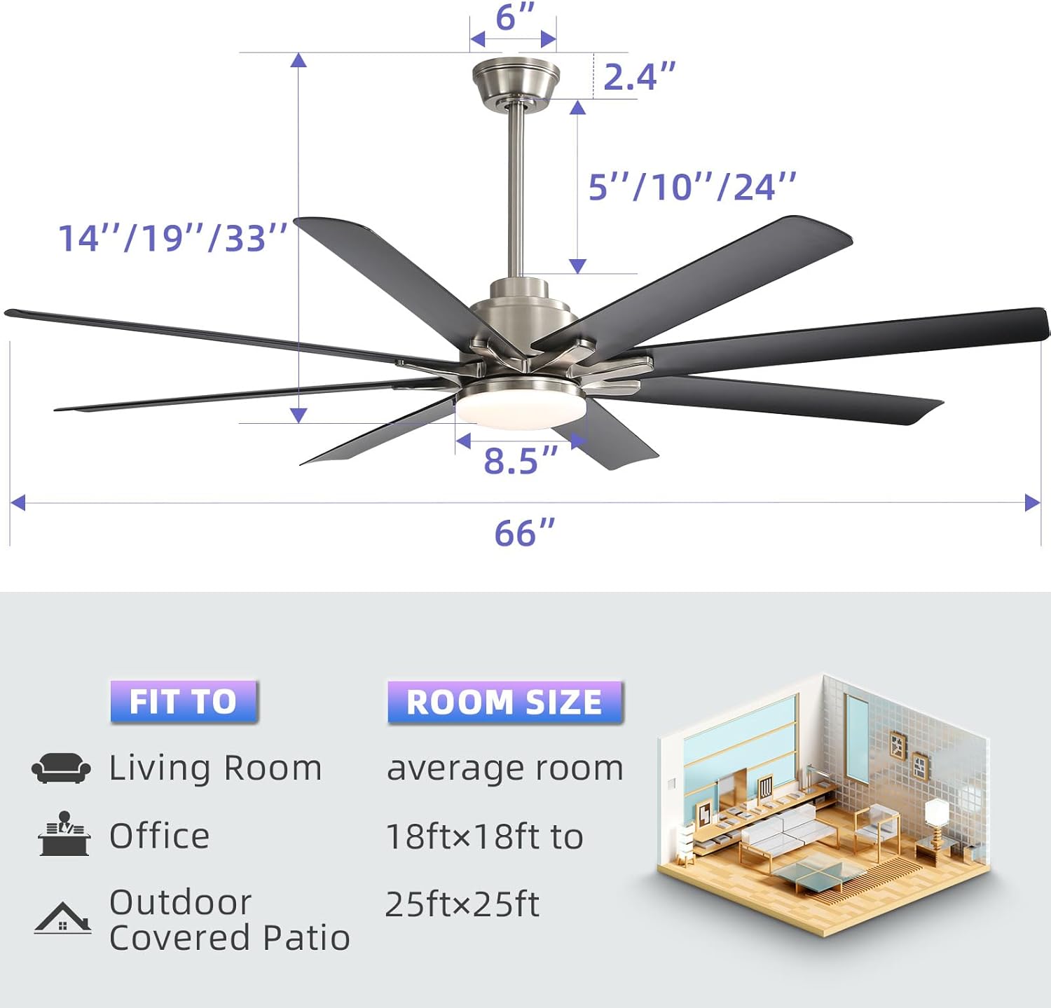 6"  
2.4"  
14"/19"/33"  
5"/10"/24"  
8.5"  
66"  

FIT TO  
Living Room  
Office  
Outdoor Covered Patio  

ROOM SIZE  
average room  
18ftx18ft  
25ftx25ft