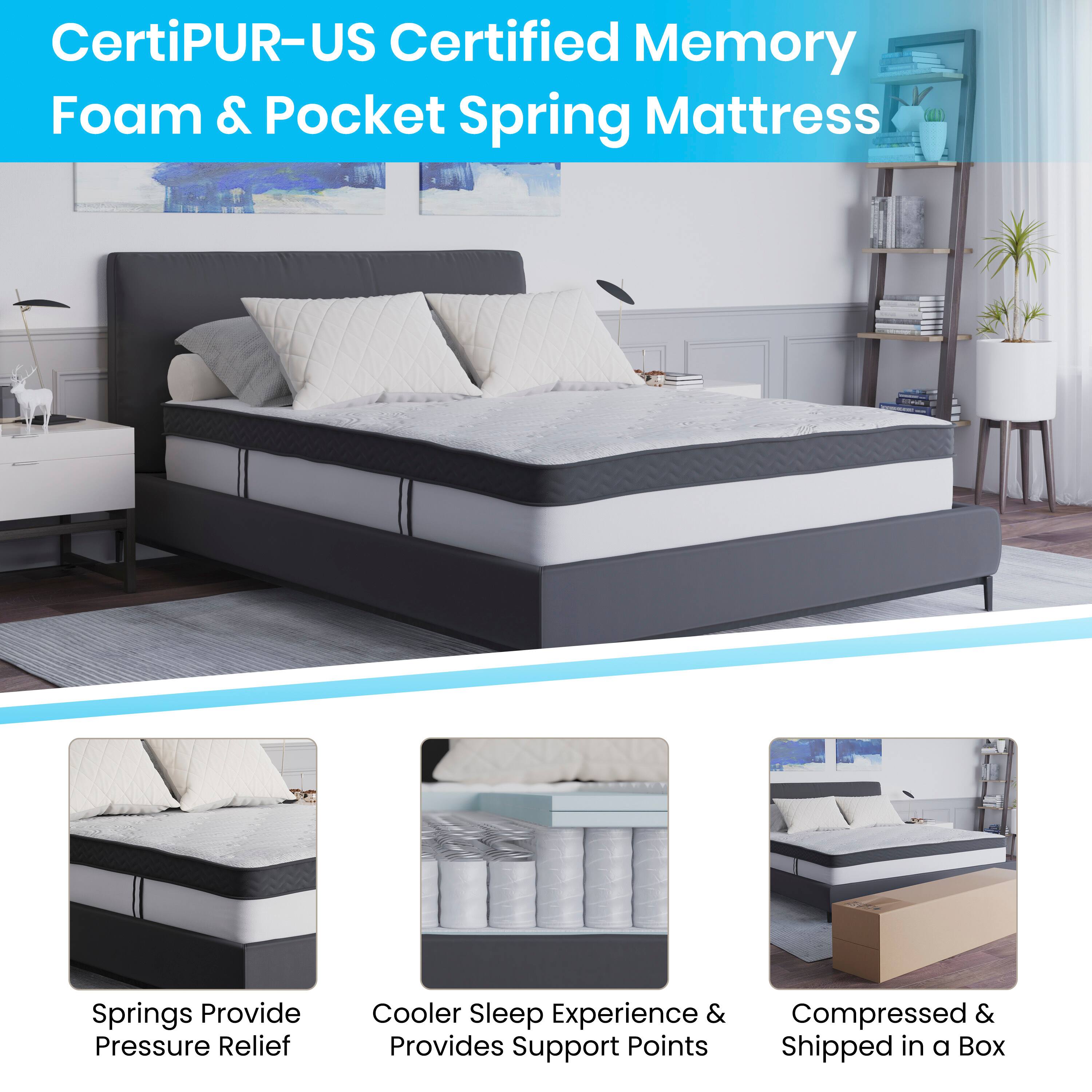 CertiPUR-US Certified Memory Foam & Pocket Spring Mattress

- Springs Provide Pressure Relief
- Cooler Sleep Experience & Provides Support Points
- Compressed & Shipped in a Box