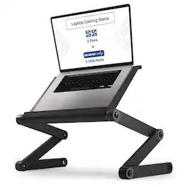 HongFei - WorkEZ Executive Laptop Cooling Stand, Adjustable Desk for Bed, Foldable with 2 Fans & 3 USB Ports - Black