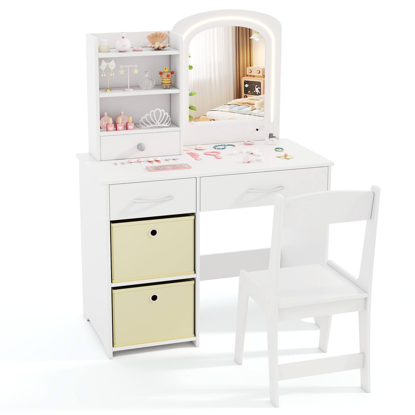 Alt View 9. Gymax - Gymax Kids Vanity Set Princess Makeup Desk & Chair w/ Mirror & Lights Open Shelves White - White.
