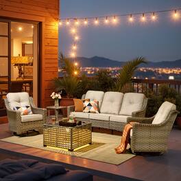 Ovios - 5 PCS Outdoor Patio Furniture Set with High-Back Wicker Sofa, Swivel Rocking Chairs and Coffee Table - Beige