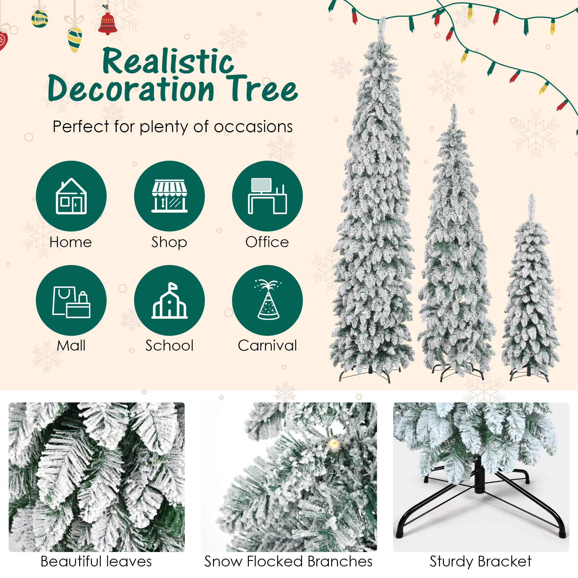 Realistic Decoration Tree

Perfect for plenty of occasions

- Home
- Shop
- Office
- Mall
- School
- Carnival

Beautiful leaves
Snow Flocked Branches
Sturdy Bracket
