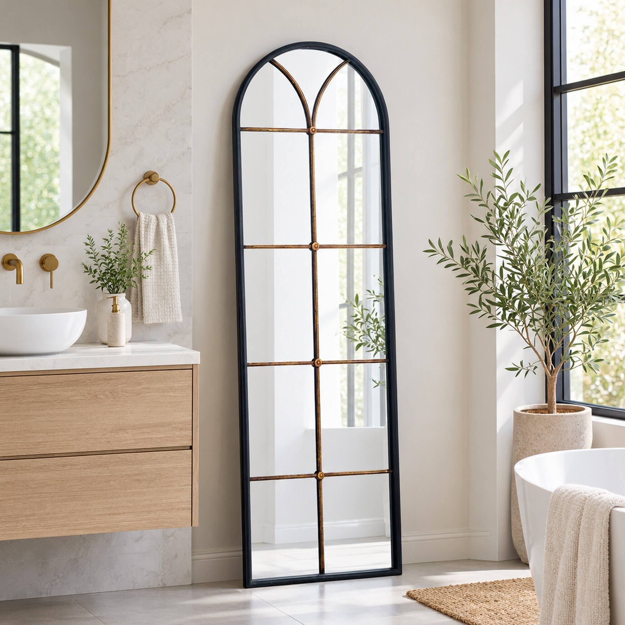 Angle. RYHNUYNE - Arched Floor Mirror, 23.6 x 74.4 in, Black and Gold Windowpane Frame, Full Length Leaning Mirror for Bedroom - Black+Gold.