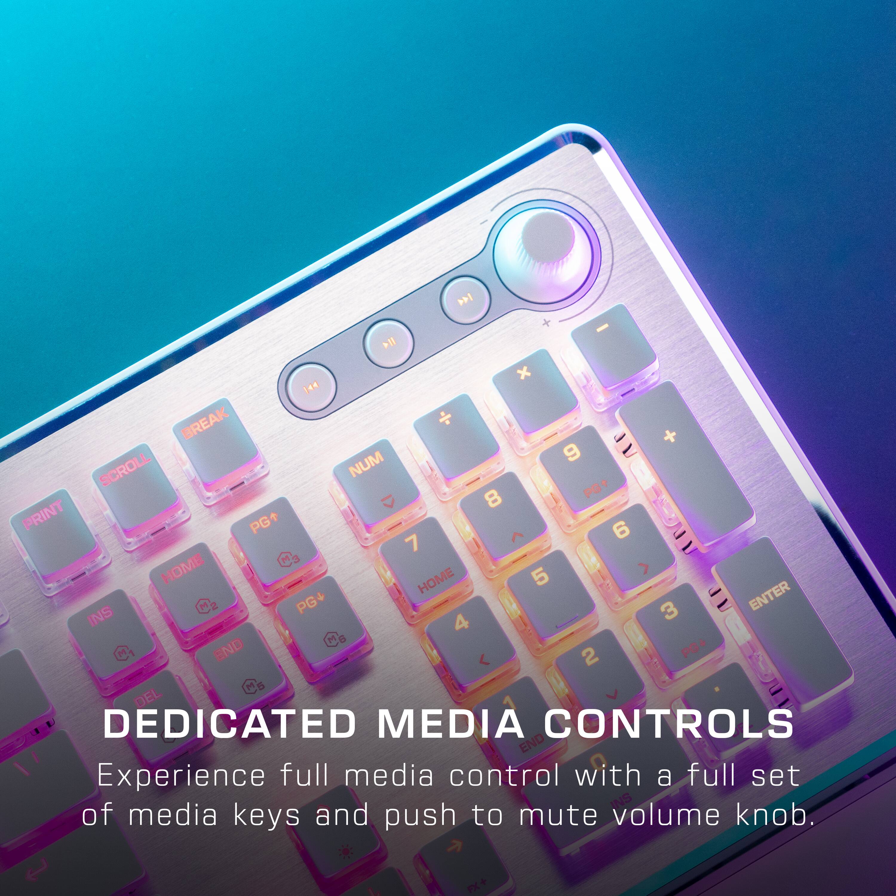 Dedicated Media Controls Experience full media control with a full set of media keys and push to mute volume knob.