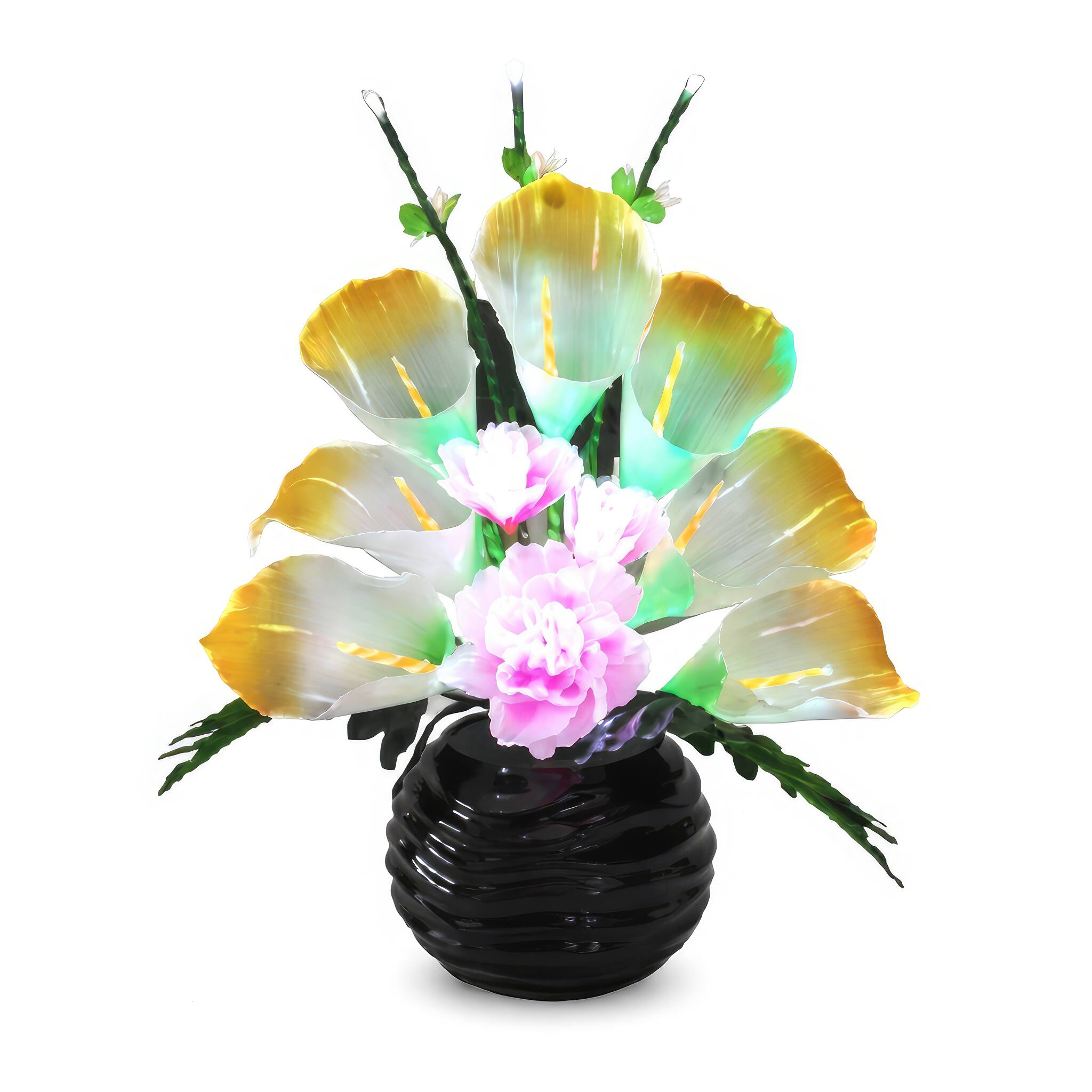 Angle. FC Design - 20"H Black Round Base Artificial Multicolor Flower LED Vase Lamp, Lighted Floral Home Décor Accent.