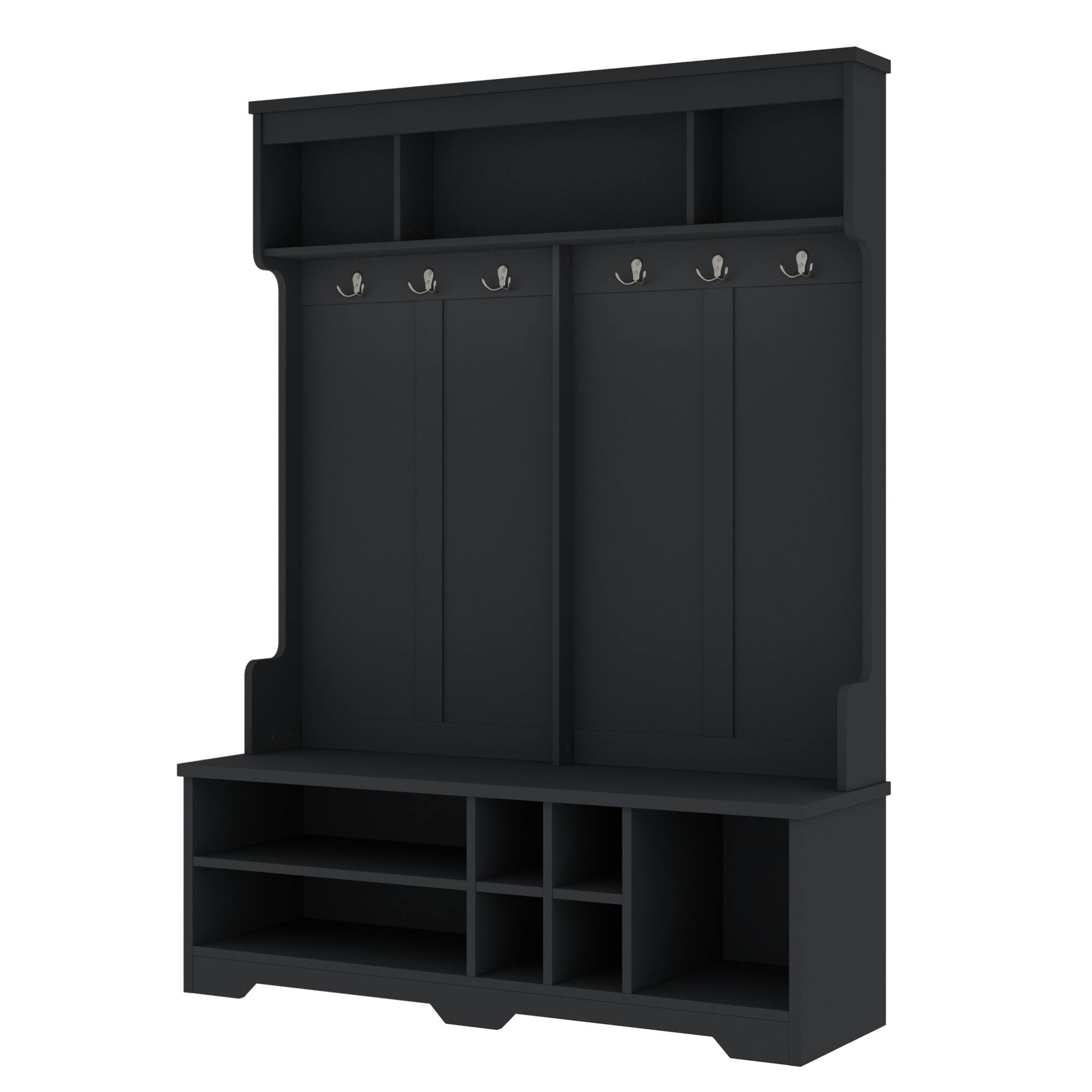 Back. GOODSILO - Contemporary Entryway Organizer with Bench, Coat Hooks, and Shoe Storage for Modern Homes - Black.