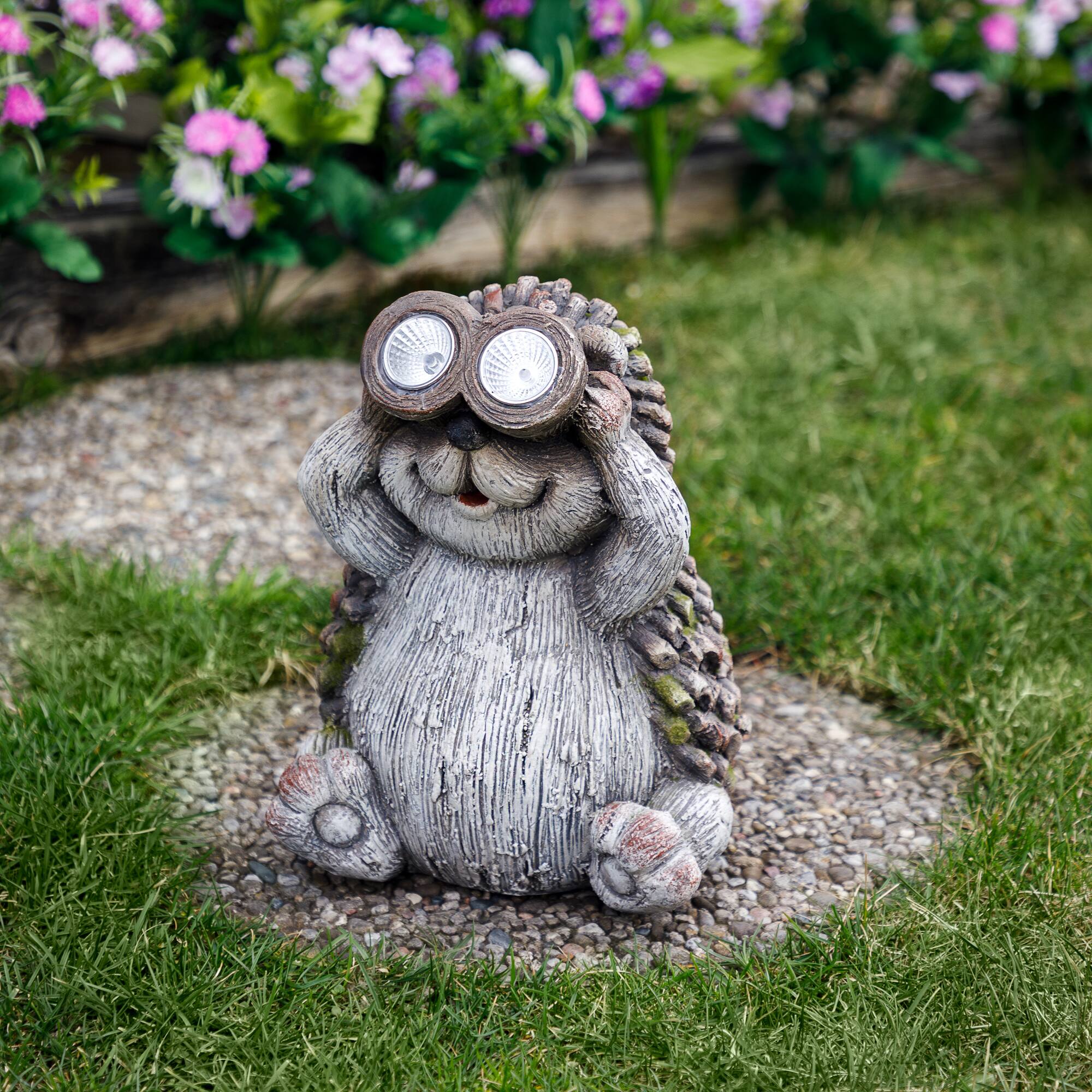 Northlight - Hedgehog with Binoculars Outdoor Solar Lighted Garden Statue - 11.5" - Gray