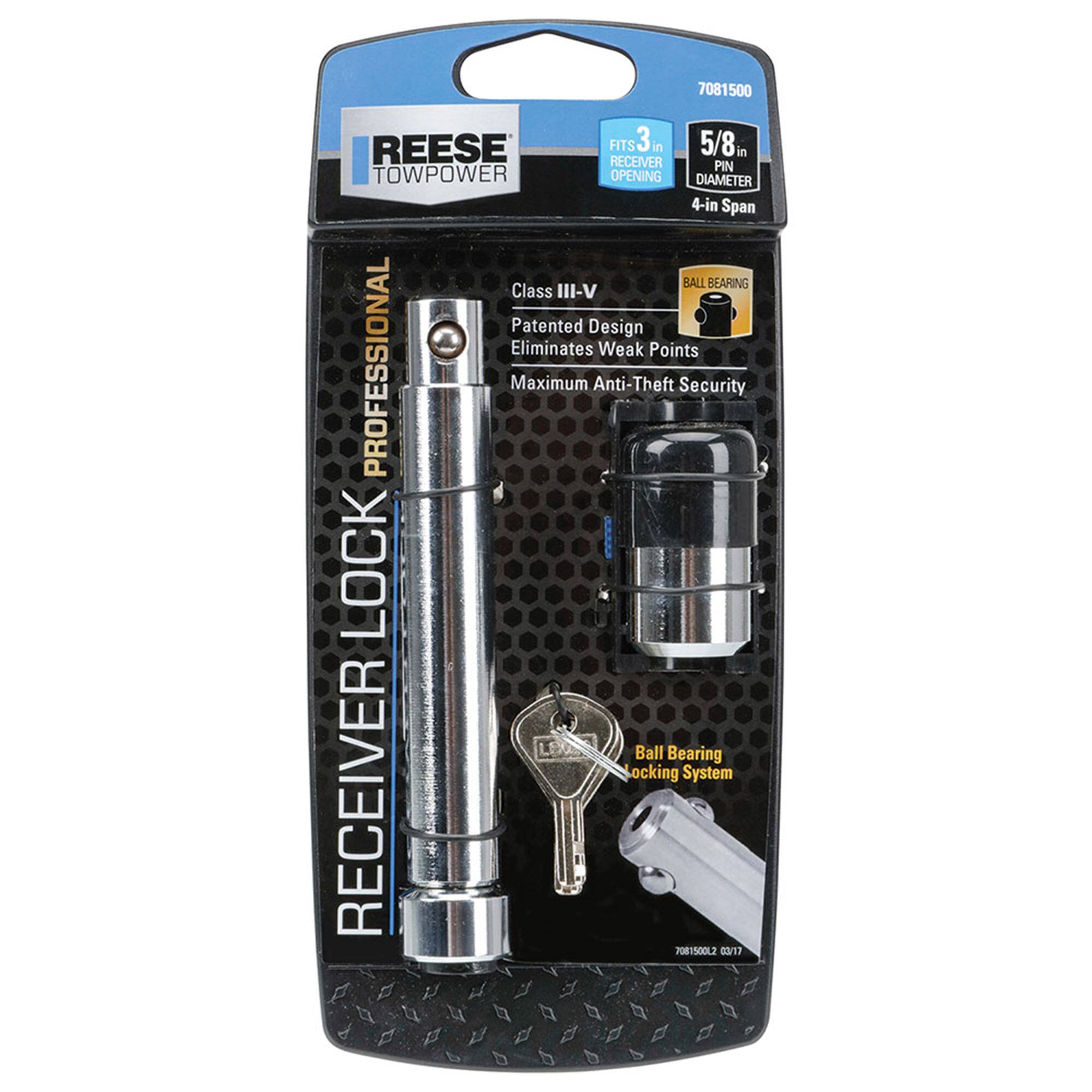 7081500  
REESE TOWPOWER  
RECEIVER LOCK PROFESSIONAL  

FITS 3 in RECEIVER OPENING  
5/8 in PIN DIAMETER  
4-in Span  

Class III-V  
Patented Design  
Eliminates Weak Points  
Maximum Anti-Theft Security  

Ball Bearing Locking System  

7081500L2 017