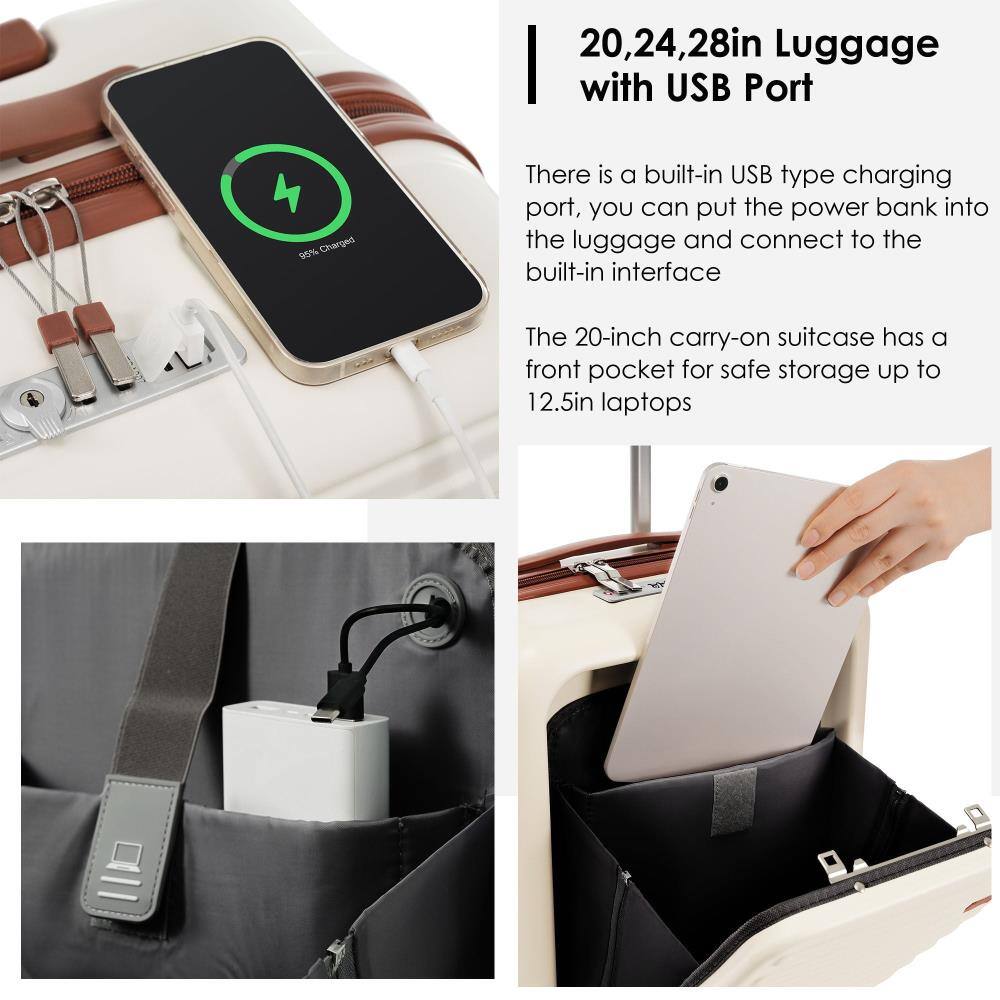 20, 24, 28in Luggage with USB Port

There is a built-in USB type charging port, you can put the power bank into the luggage and connect to the built-in interface.

The 20-inch carry-on suitcase has a front pocket for safe storage up to 12.5in laptops.