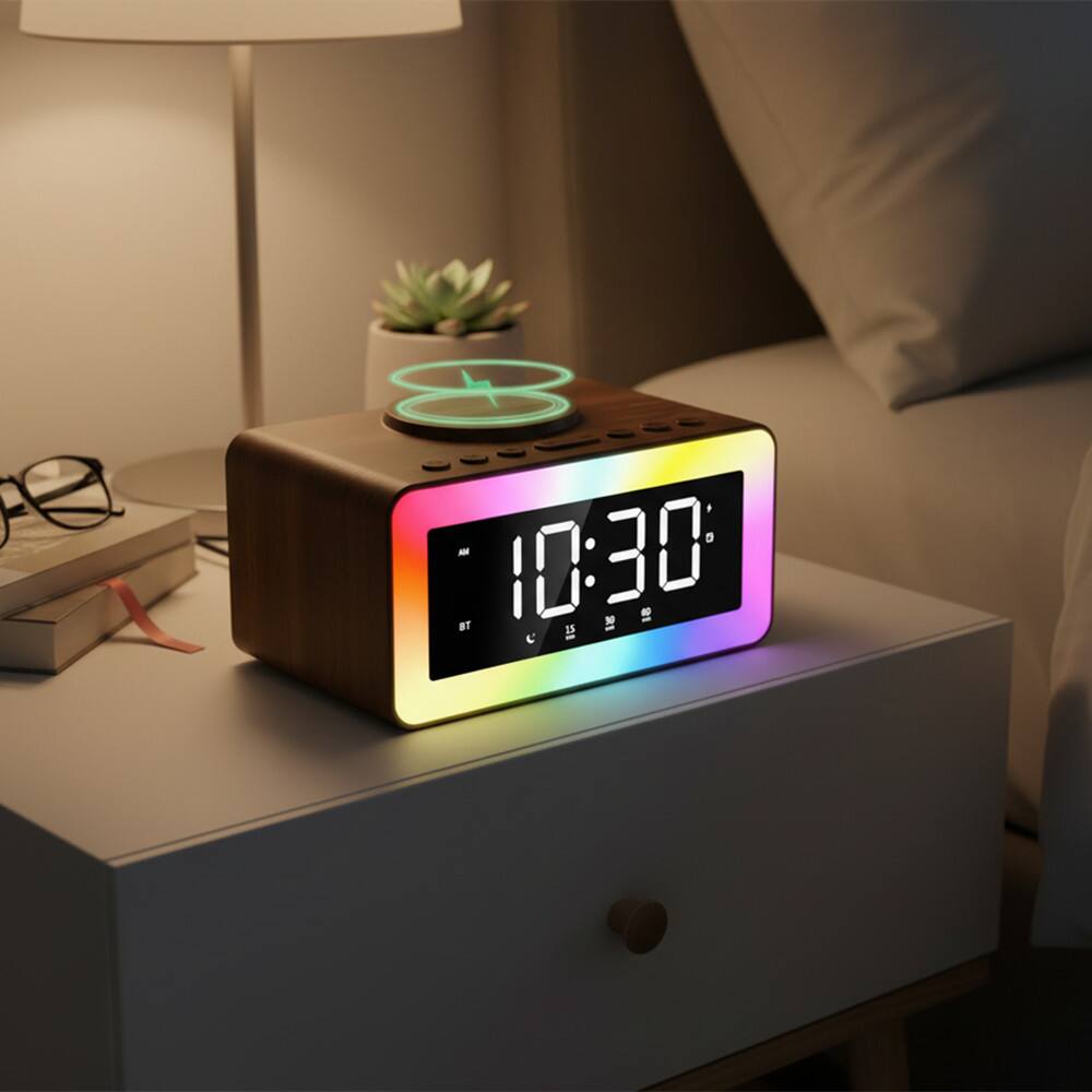Alt View 3. Dazzed Corner - Wooden Digital Alarm Clock with Wireless Charging, Bluetooth Speaker - Wooden.