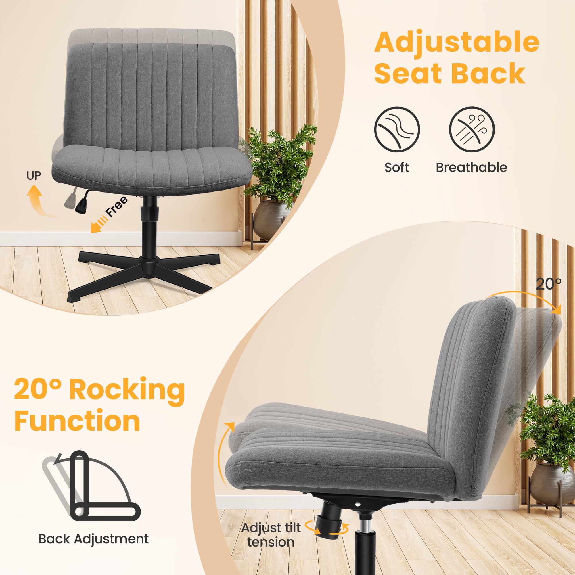 Adjustable Seat Back  
Soft  
Breathable  

20° Rocking Function  
Back Adjustment  
Adjust tilt tension
