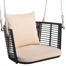 Gymax - Outdoor Metal Porch Swing Single Person Hanging Seat w/ Woven Rattan Backrest Porch Backyard - Mix Brown, Beige