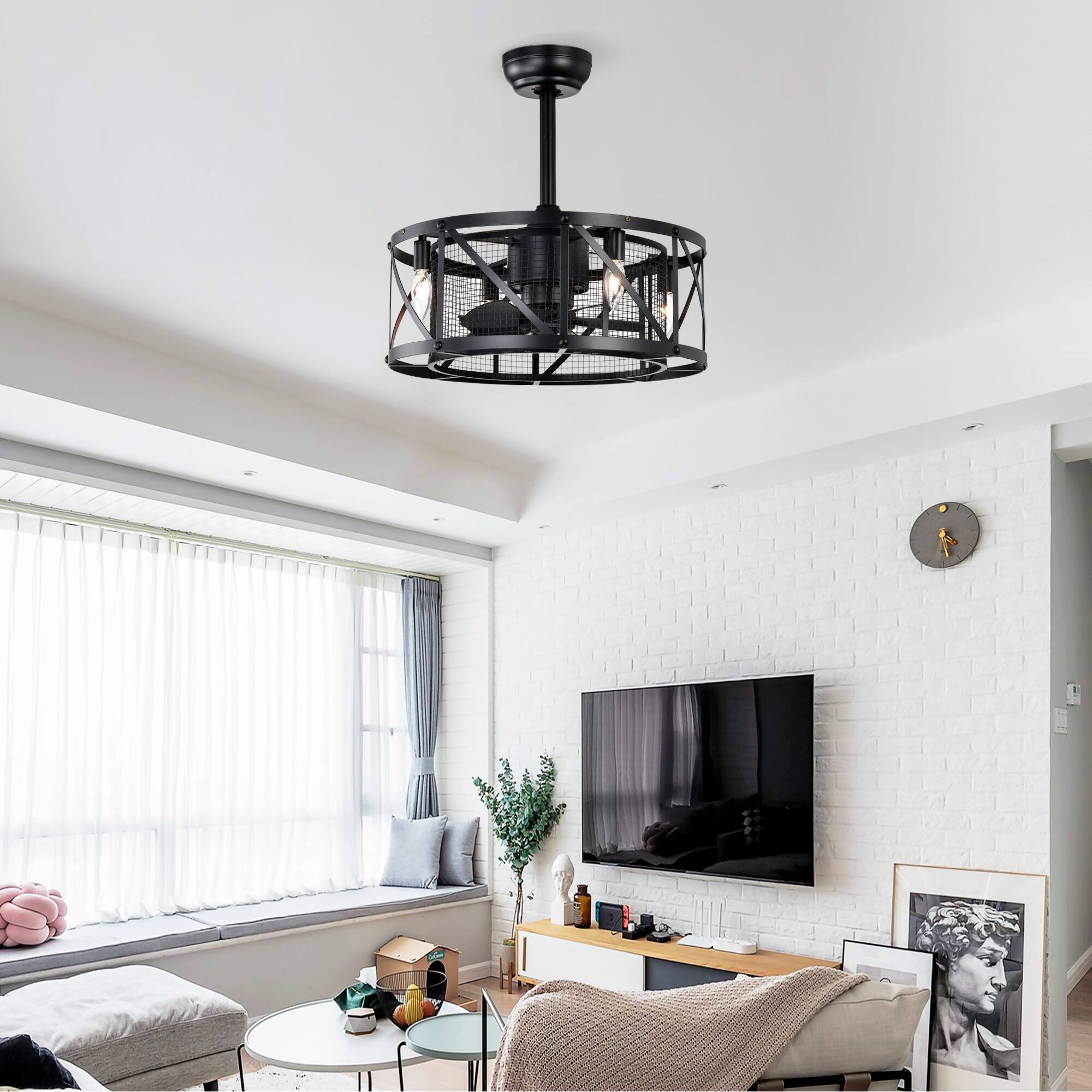 Alt View 2. Loheer - Loheer 20 Inch Industrial Ceiling Fan Matte Black Small Ceiling Fan with Remote Control for Bedroom.