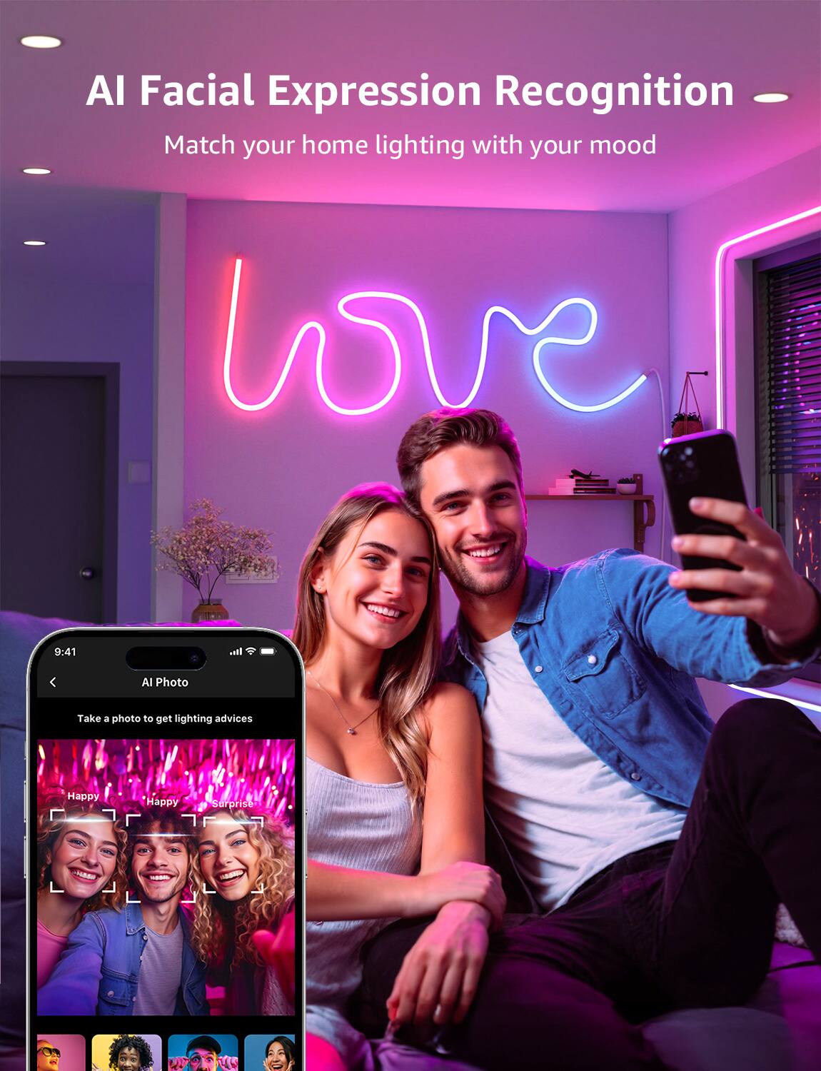 Al Facial Expression Recognition - - Match your home lighting with your mood

AI Photo
Take a photo to get lighting advices
Happy
Happy
Surprise