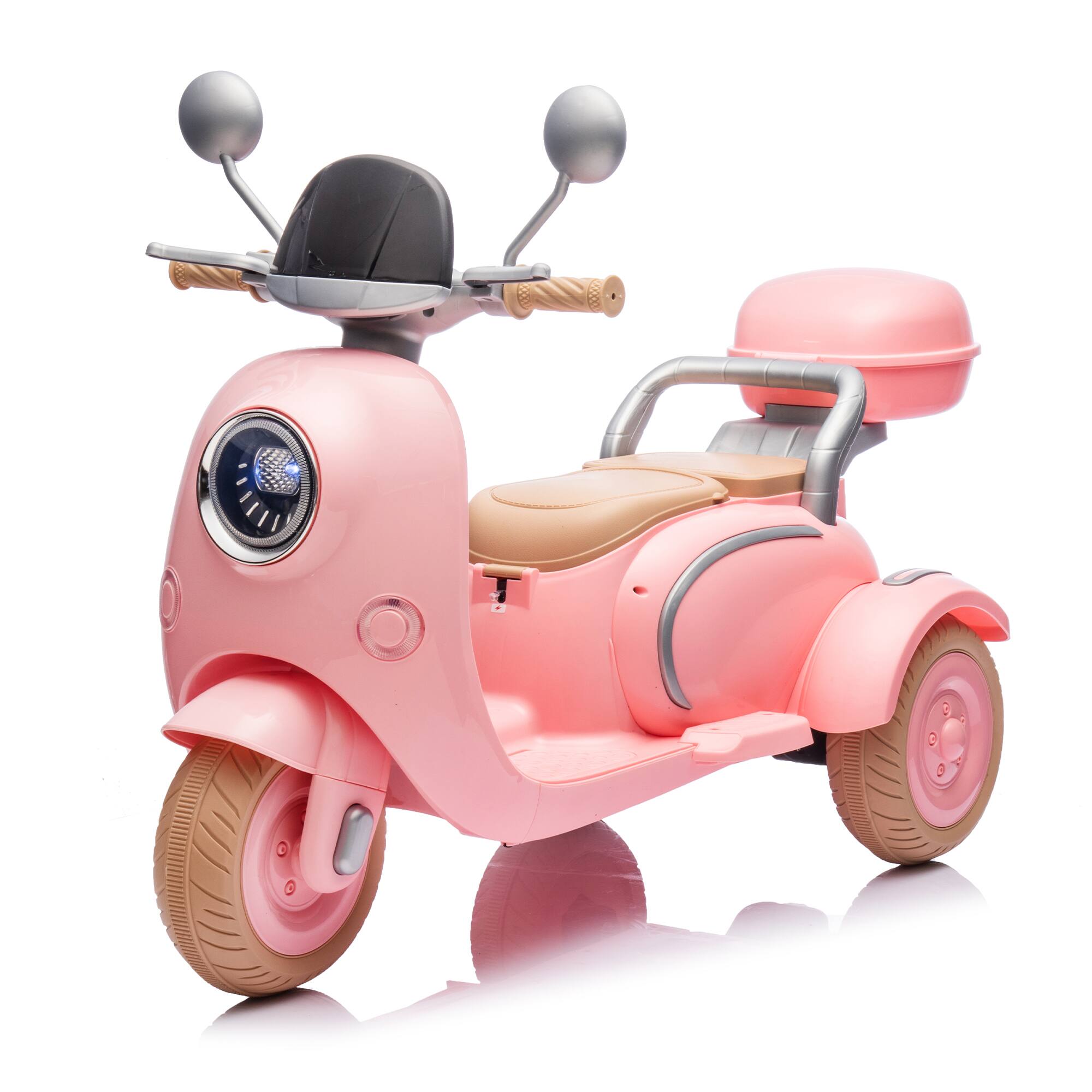 Left. ELEMENT ACE - Two-Seater Electric Motorcycle for Kids 3-6, Three-Wheel Ride-On Toy w/ Music, Bluetooth, USB, Trunk & Adult Seat - Pink.