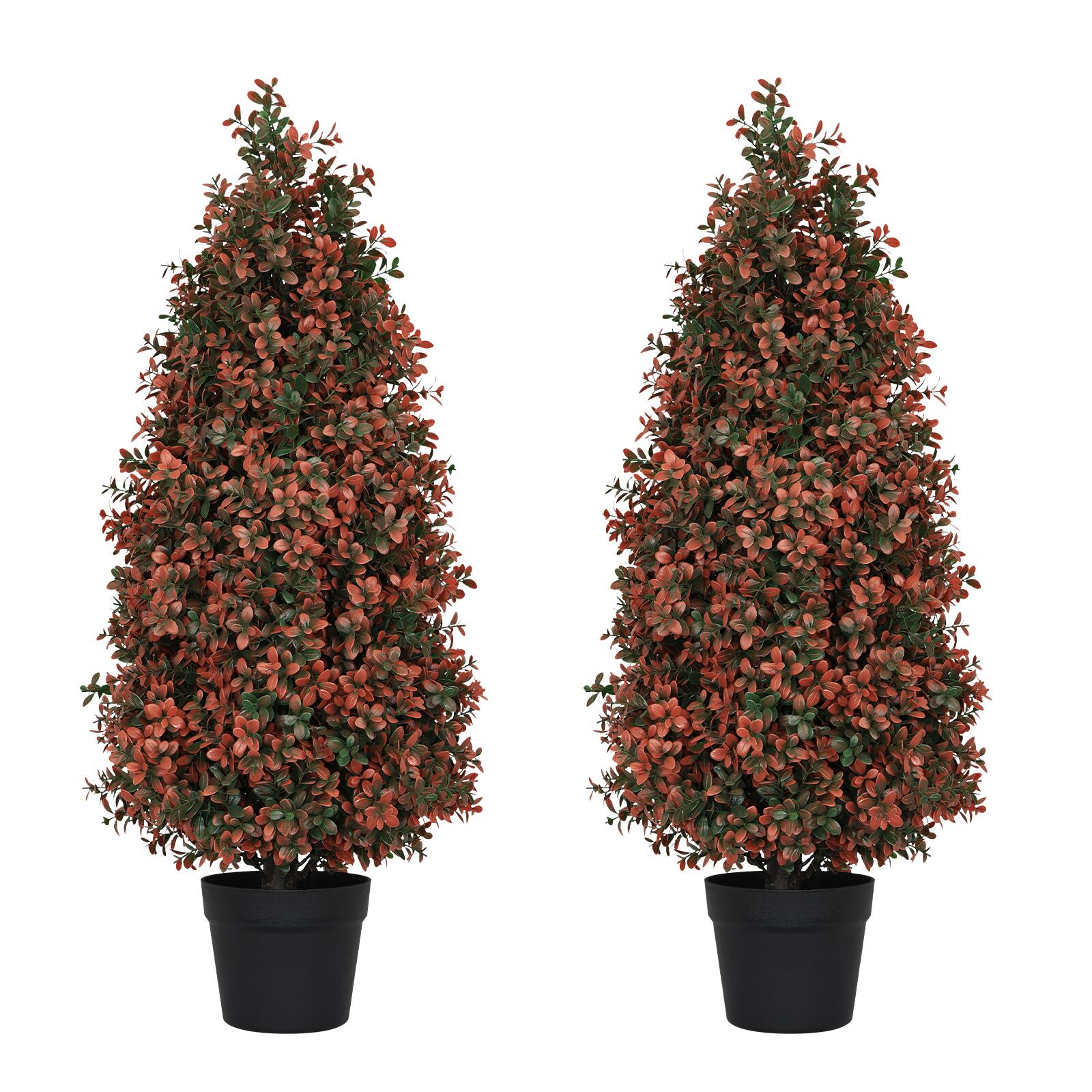 Front. Glintex - 3FT Artificial Boxwood Topiary Tree for Outdoor Porch and Patio Decoration, Red , 2pcs/set - Red.