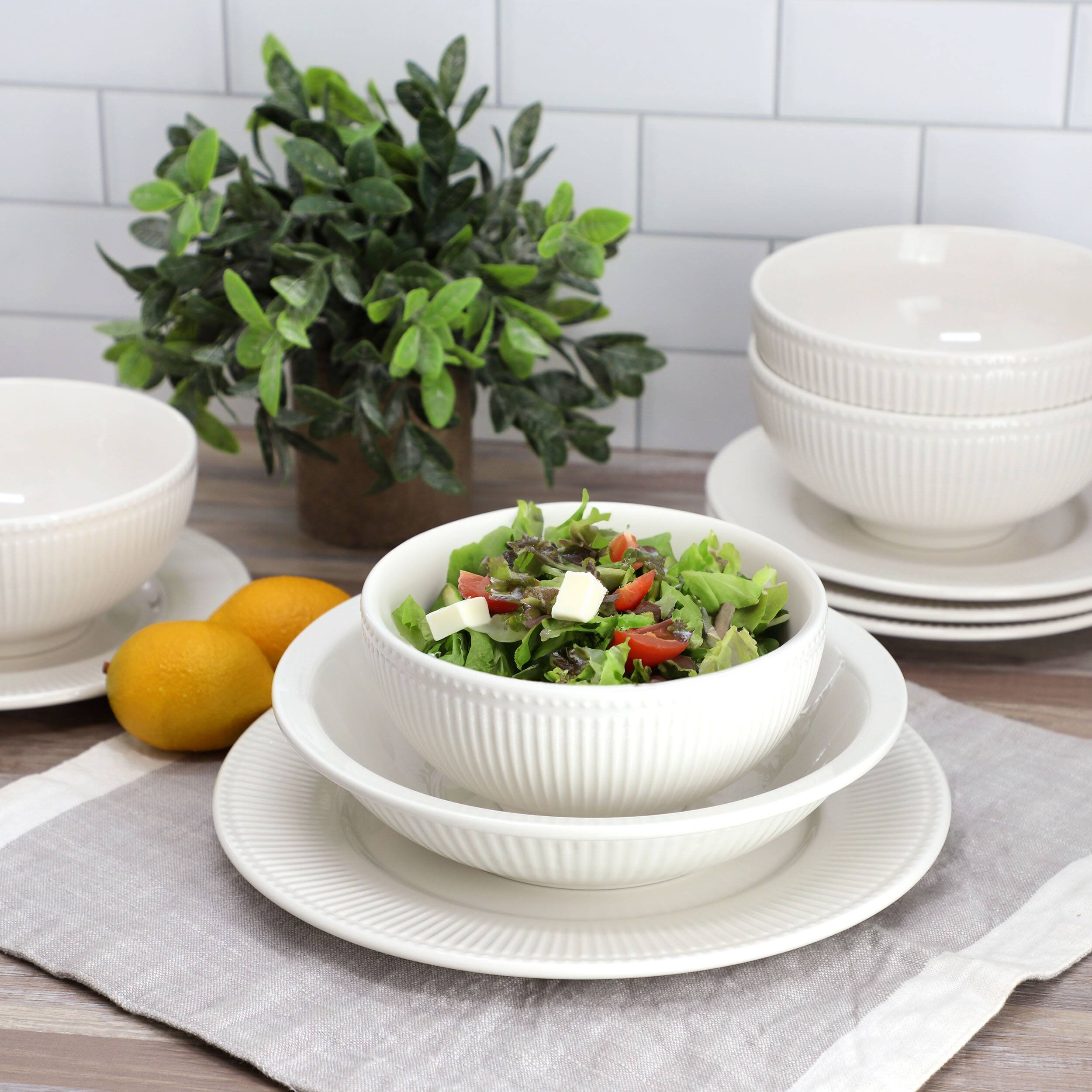 Alt View 8. Elama - Elama Kate 16 Piece Textured Trim Double Bowl Porcelain Dinnerware Set in White - White.